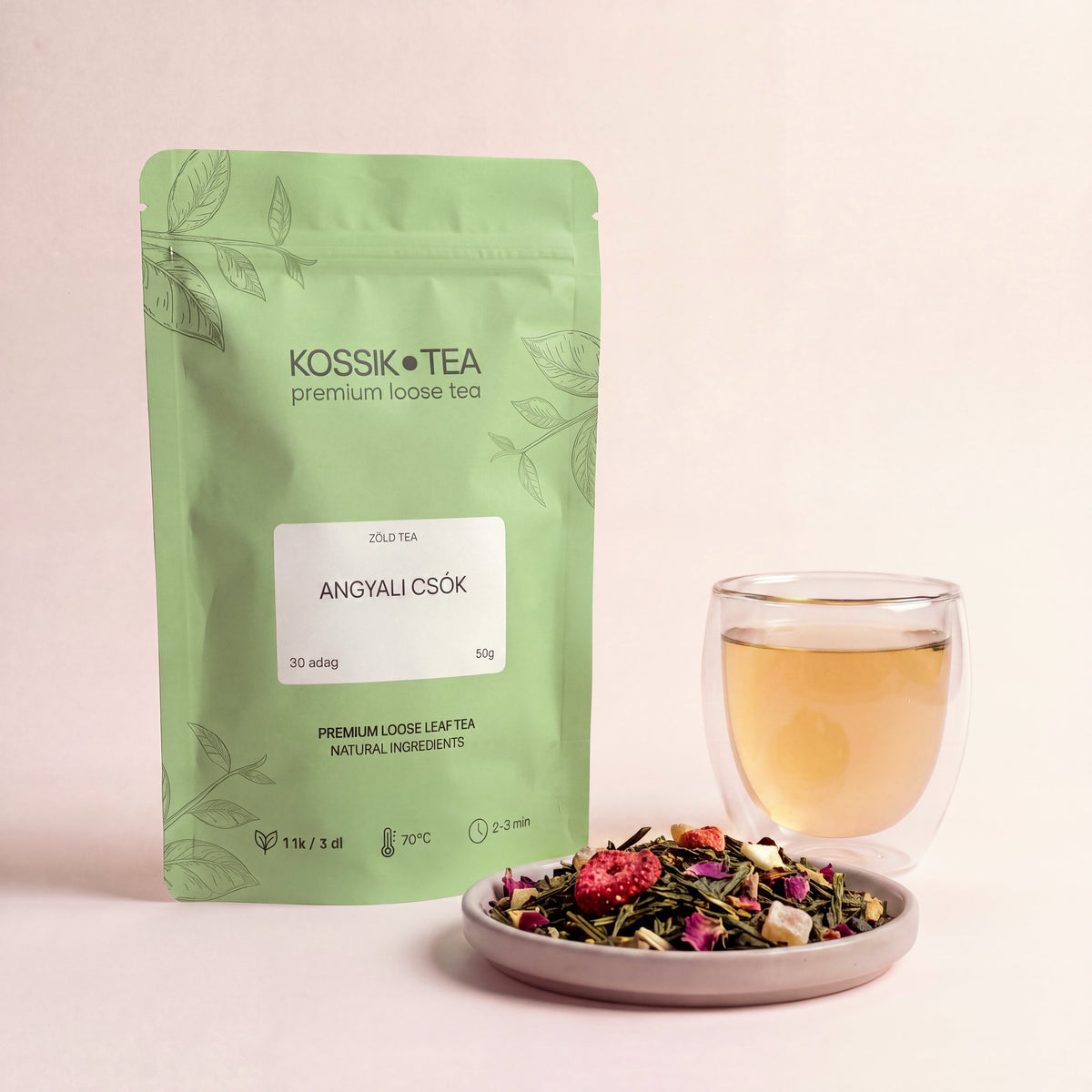 Angyali Csók zöld tea csomagolása – Kossik Tea & Coffee