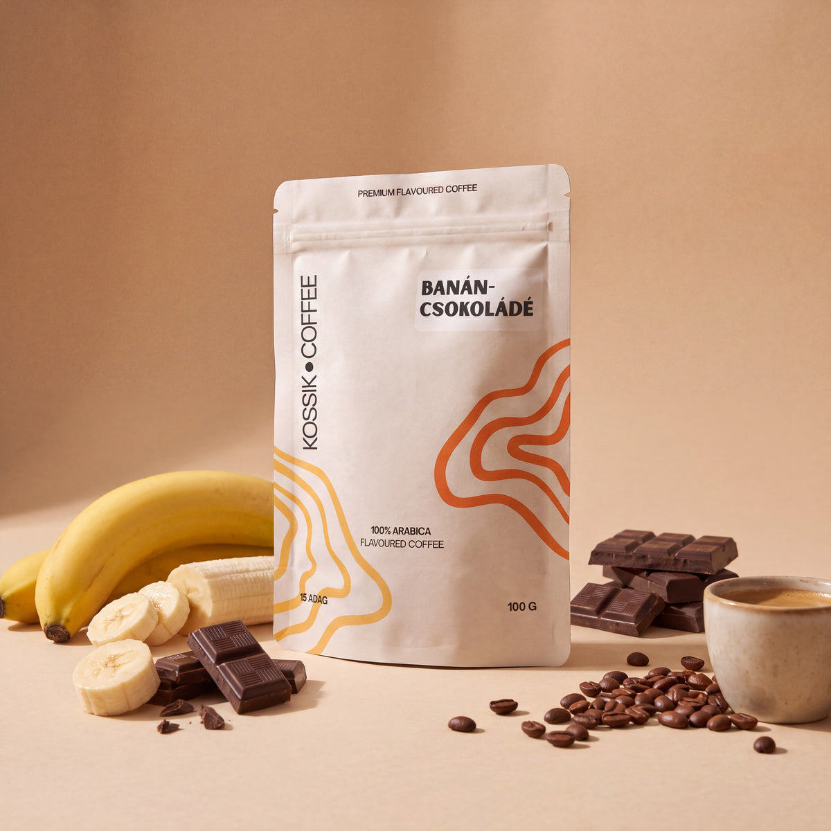 banán és csokoládé ízesítésű 100% arabica kávé, prémium minőségű termék