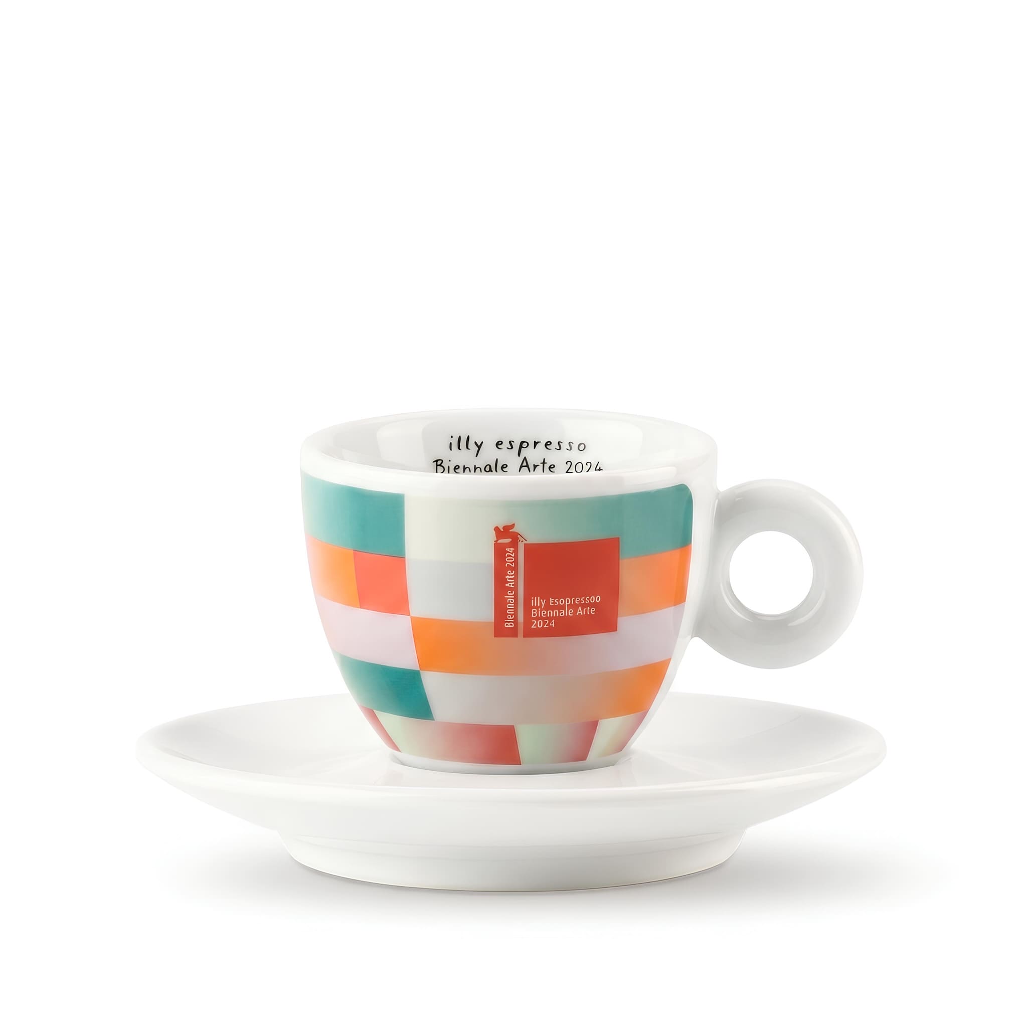 illy biennale arte 2024 espresso kávéscsésze narancs teal geometriai minta alátéttel