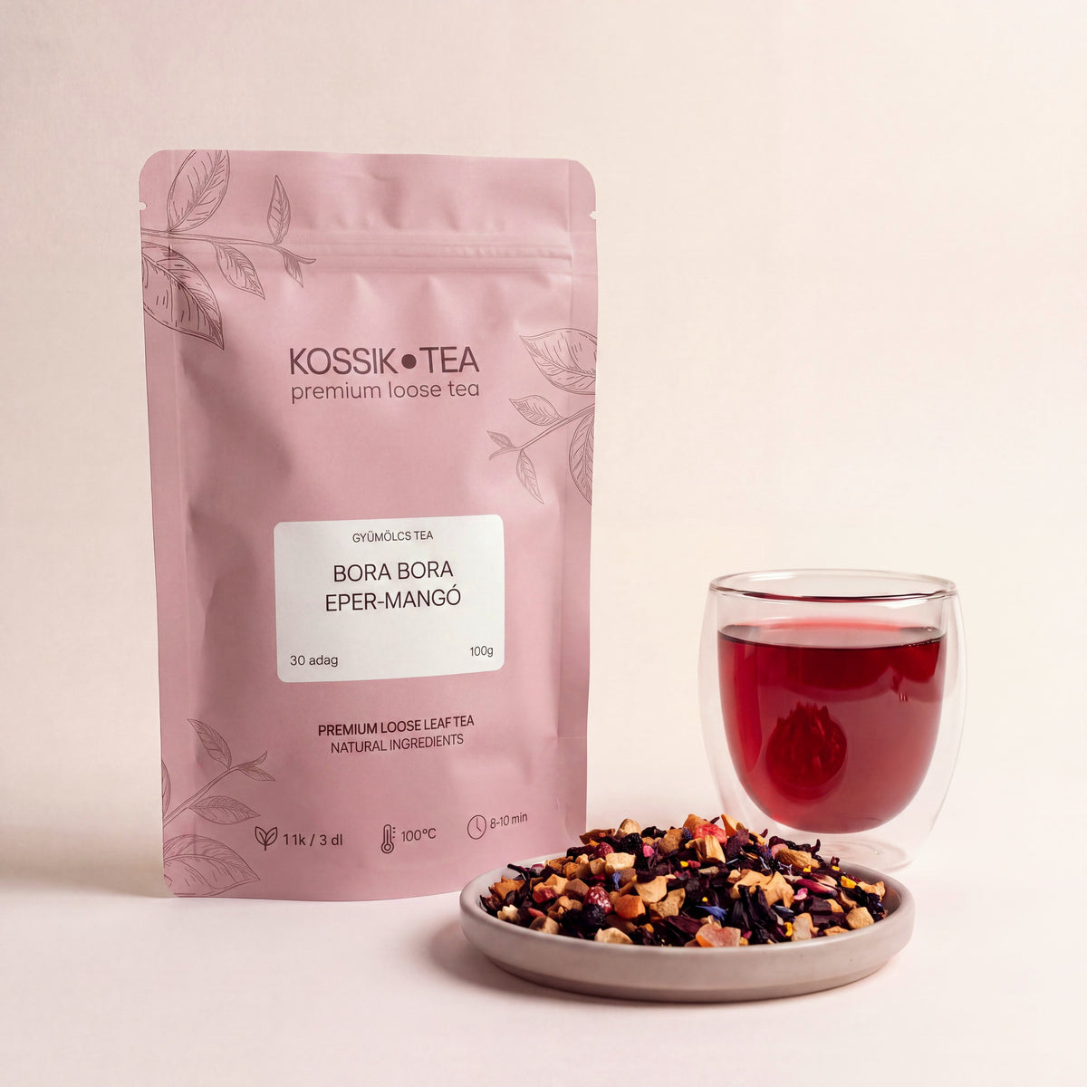 Bora Bora Eper-Mangó gyümölcstea csomagolása – Kossik Tea & Coffee