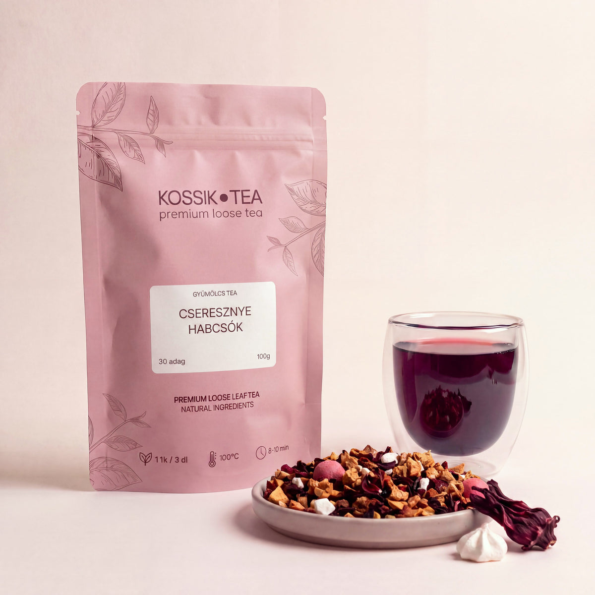 Cseresznye Habcsók gyümölcstea csomagolása – Kossik Tea & Coffee