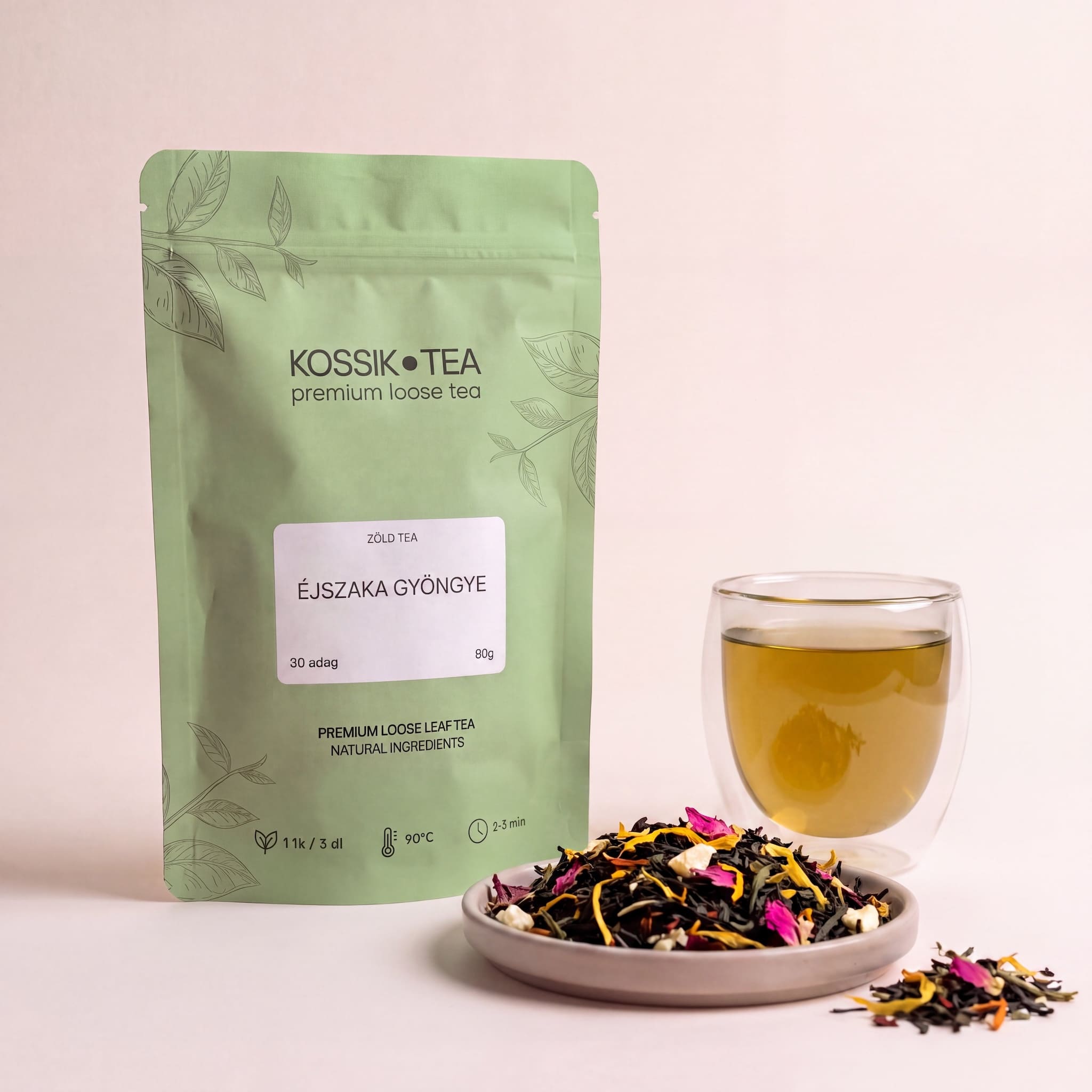 Éjszaka Gyöngye fekete-zöld tea csomagolása – Kossik Tea & Coffee