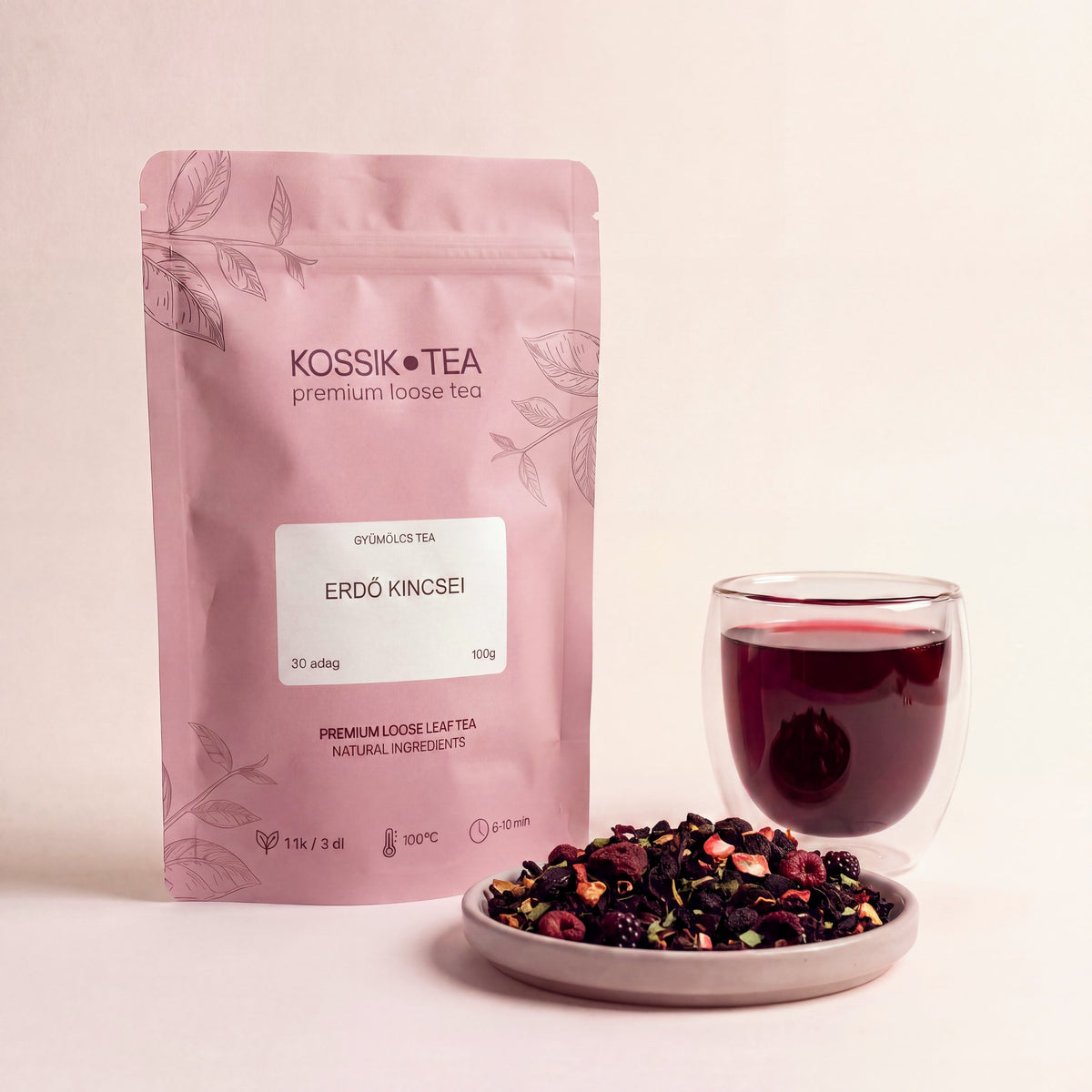 Erdő Kincsei gyümölcstea csomagolása – Kossik Tea & Coffee