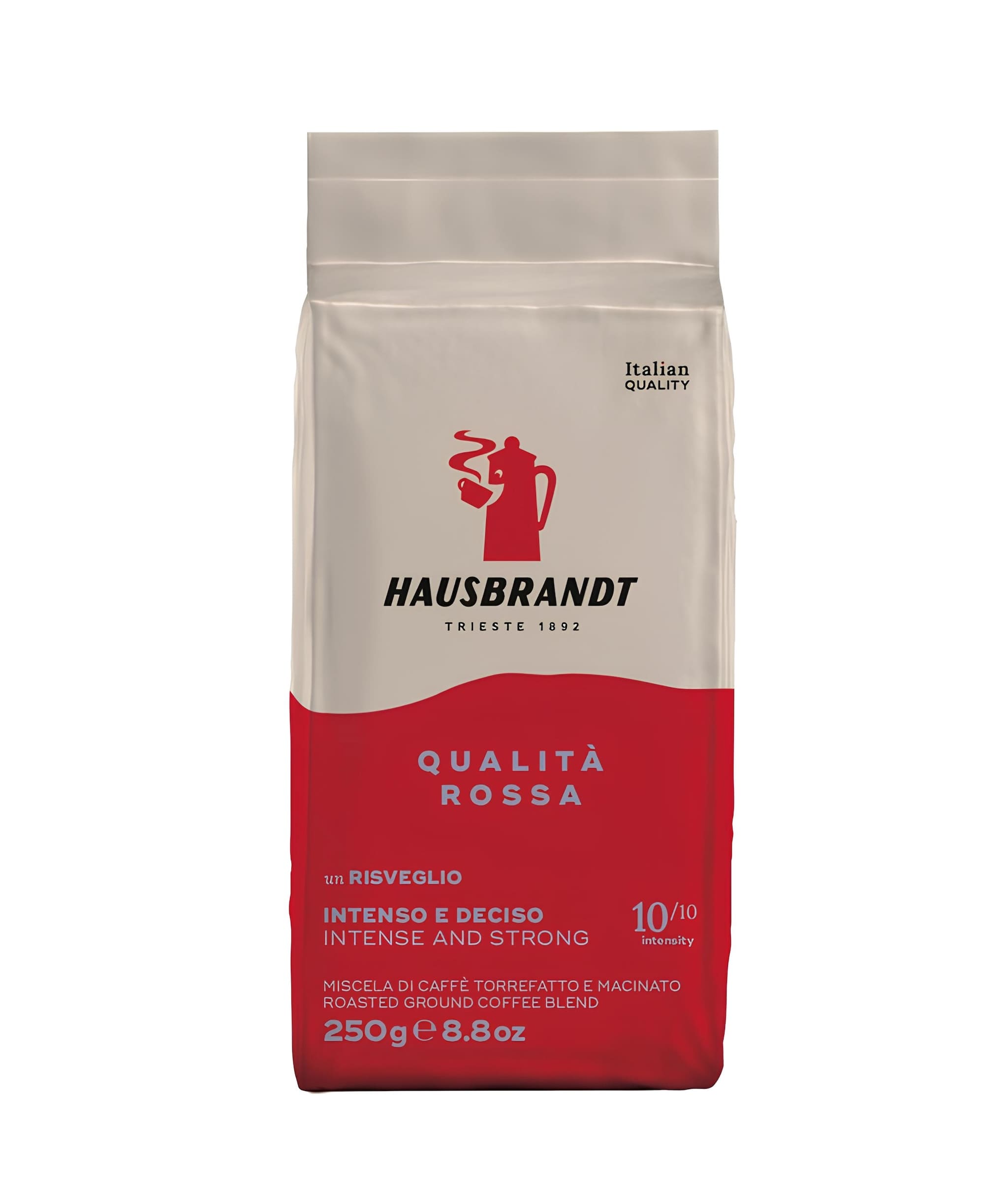 hausbrandt qualita rossa őrölt kávé 250 g vákuumcsomagolásban prémium minőség arabica és robusta keverék