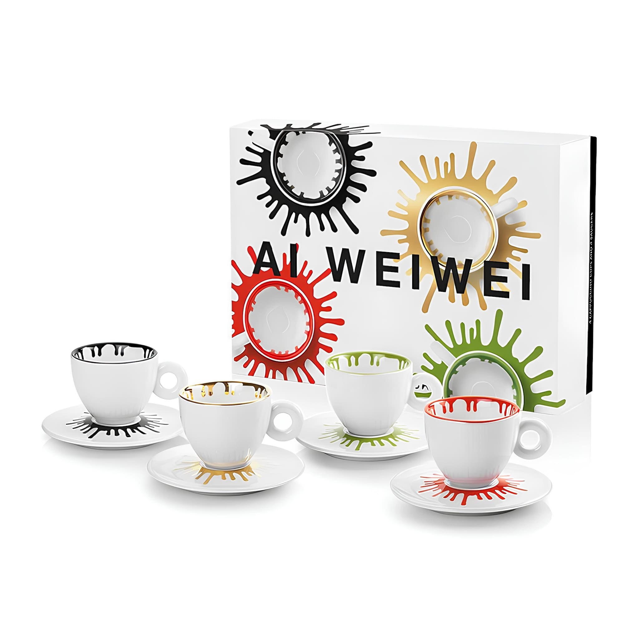 illy art ai weiwei espresso csésze szett dobozzal és négy különböző színű csészével alátéttel