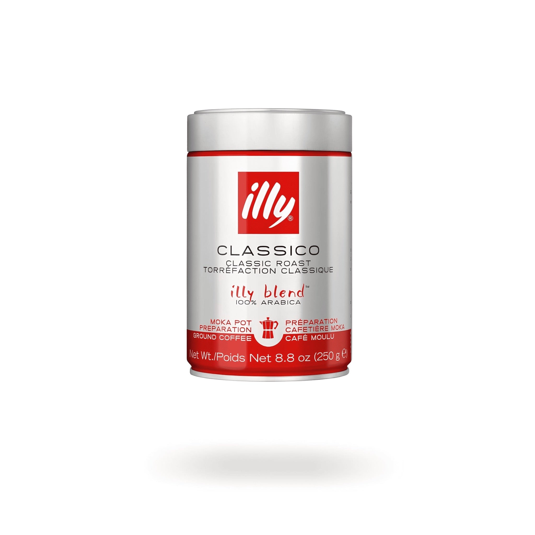 közepes pörkölésű illy classico moka őrölt kávé 250 g fémdobozos kiszerelésben, tiszta arabica