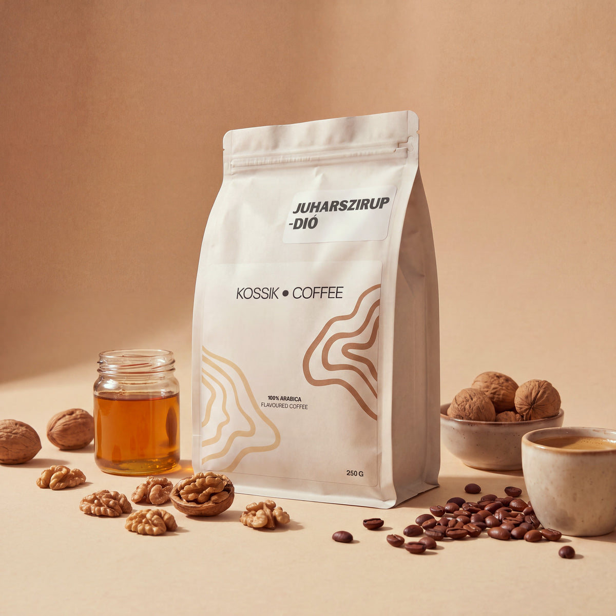 juharszirup és dió aromával készült 100% arabica kávé, prémium minőség
