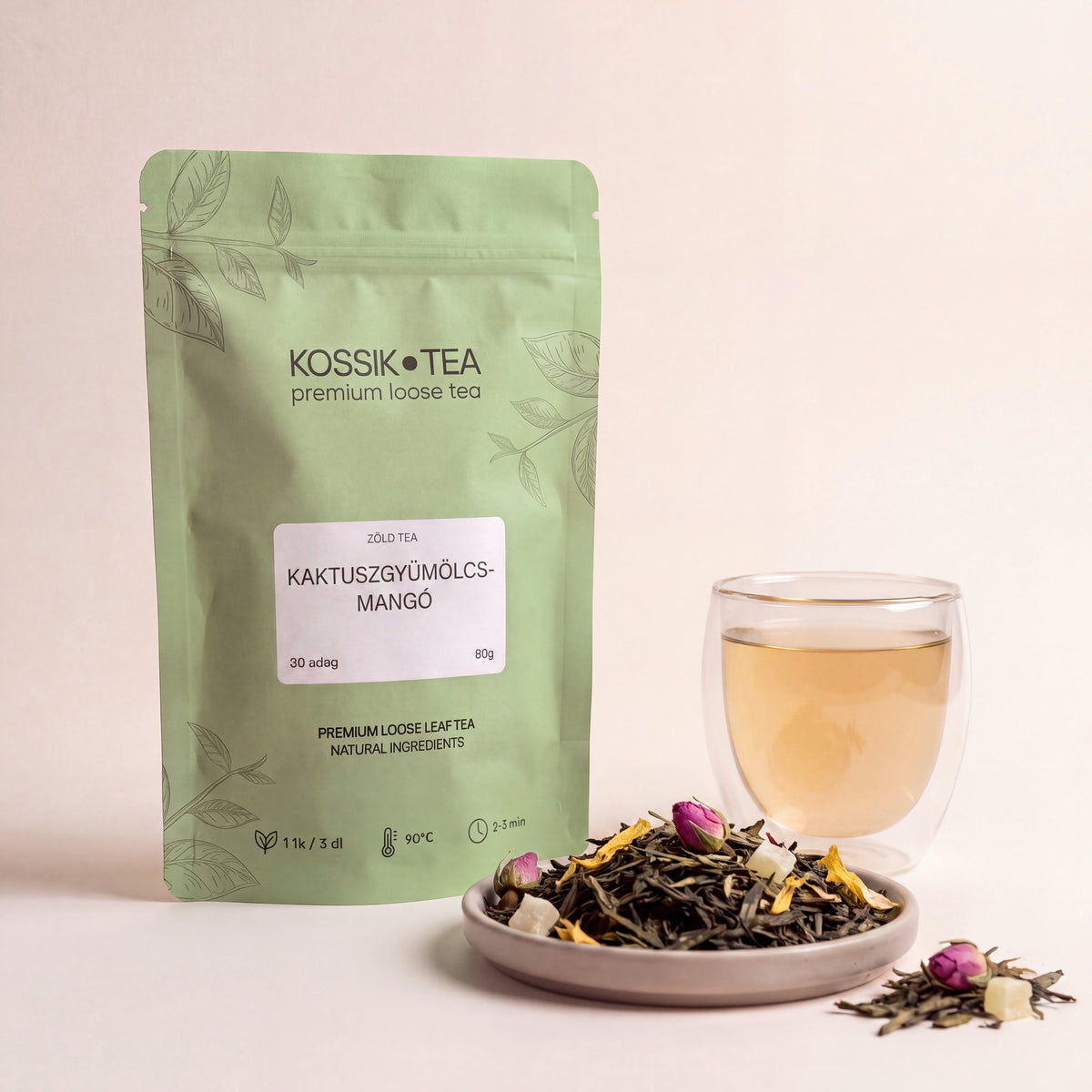 Kaktuszgyümölcs-Mangó zöld tea csomagolása – Kossik Tea & Coffee