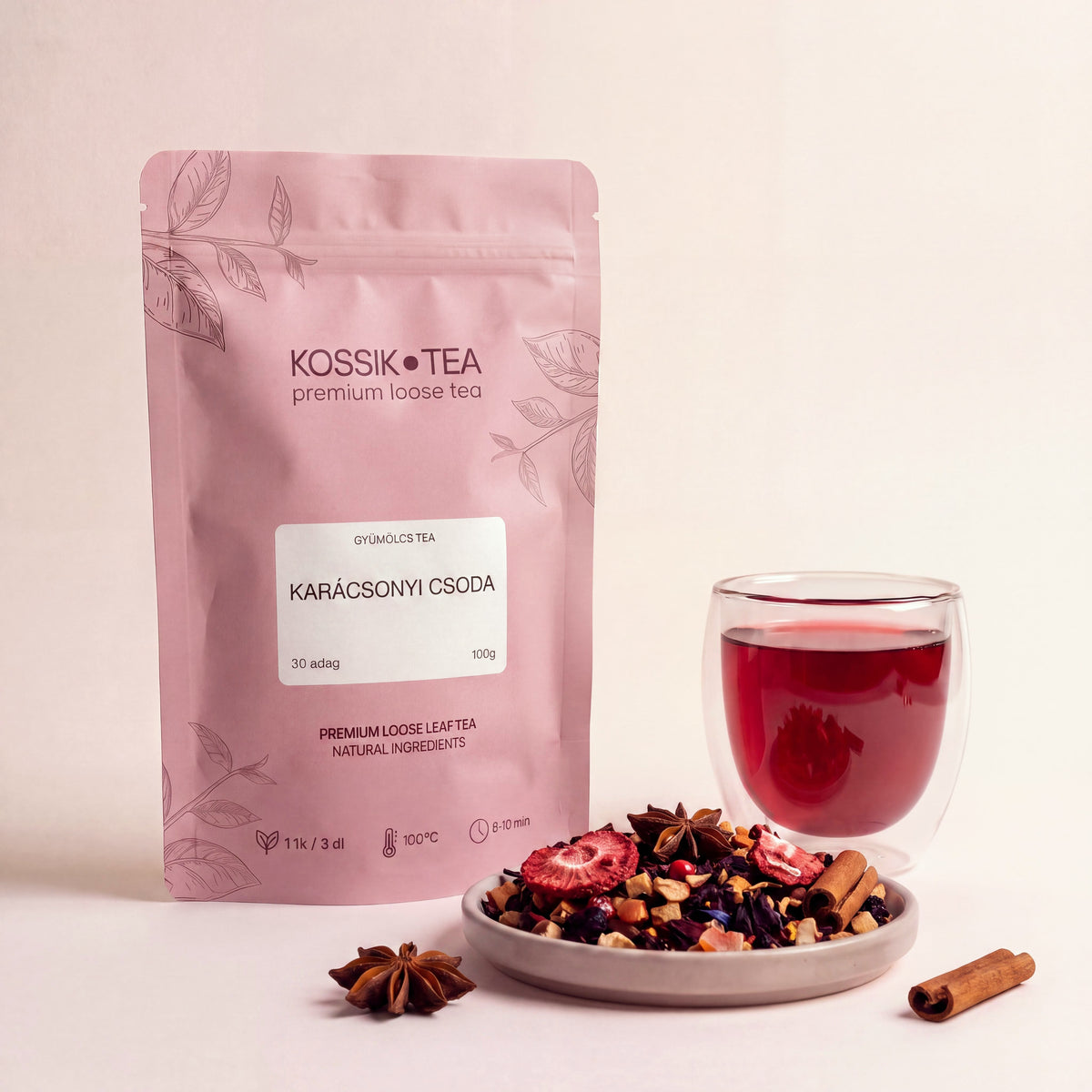 Karácsonyi Csoda gyümölcstea csomagolása – Kossik Tea & Coffee