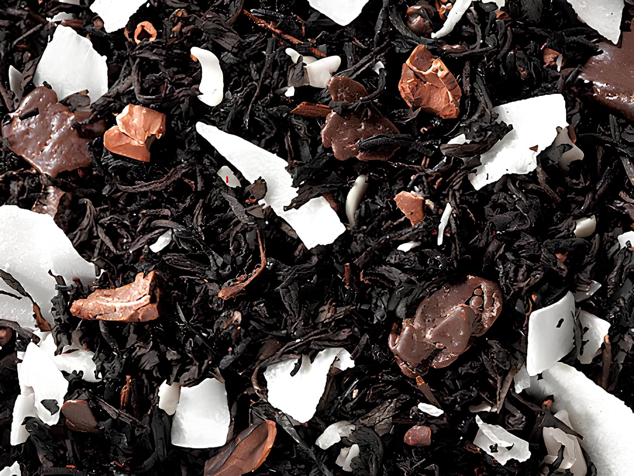 kókusz-csokoládé bounty ízesítésű fekete szálas tea, koffeintartalmú prémium minőség, elérhető 100g és 250g kiszerelésben