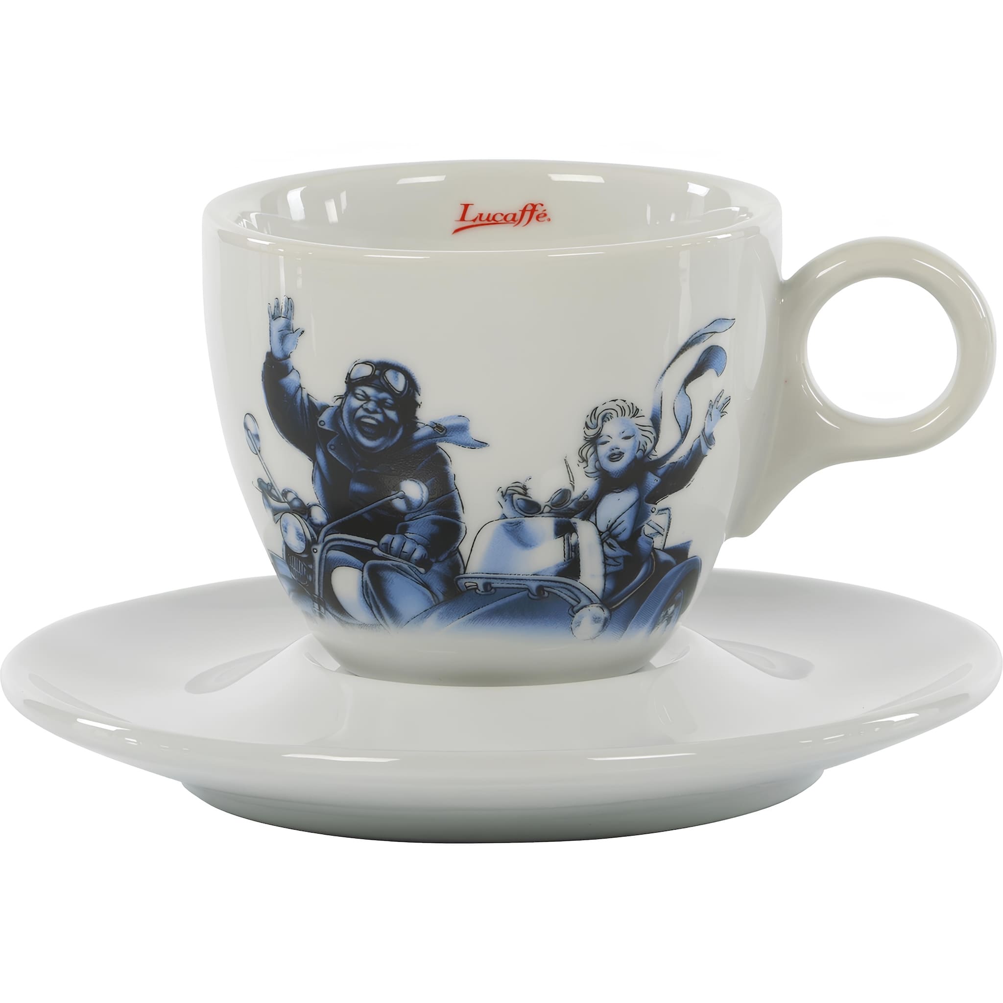 lucaffé blucaffé cappuccino porcelán kávéscsésze alátéttel jellegzetes blucaffé motívummal