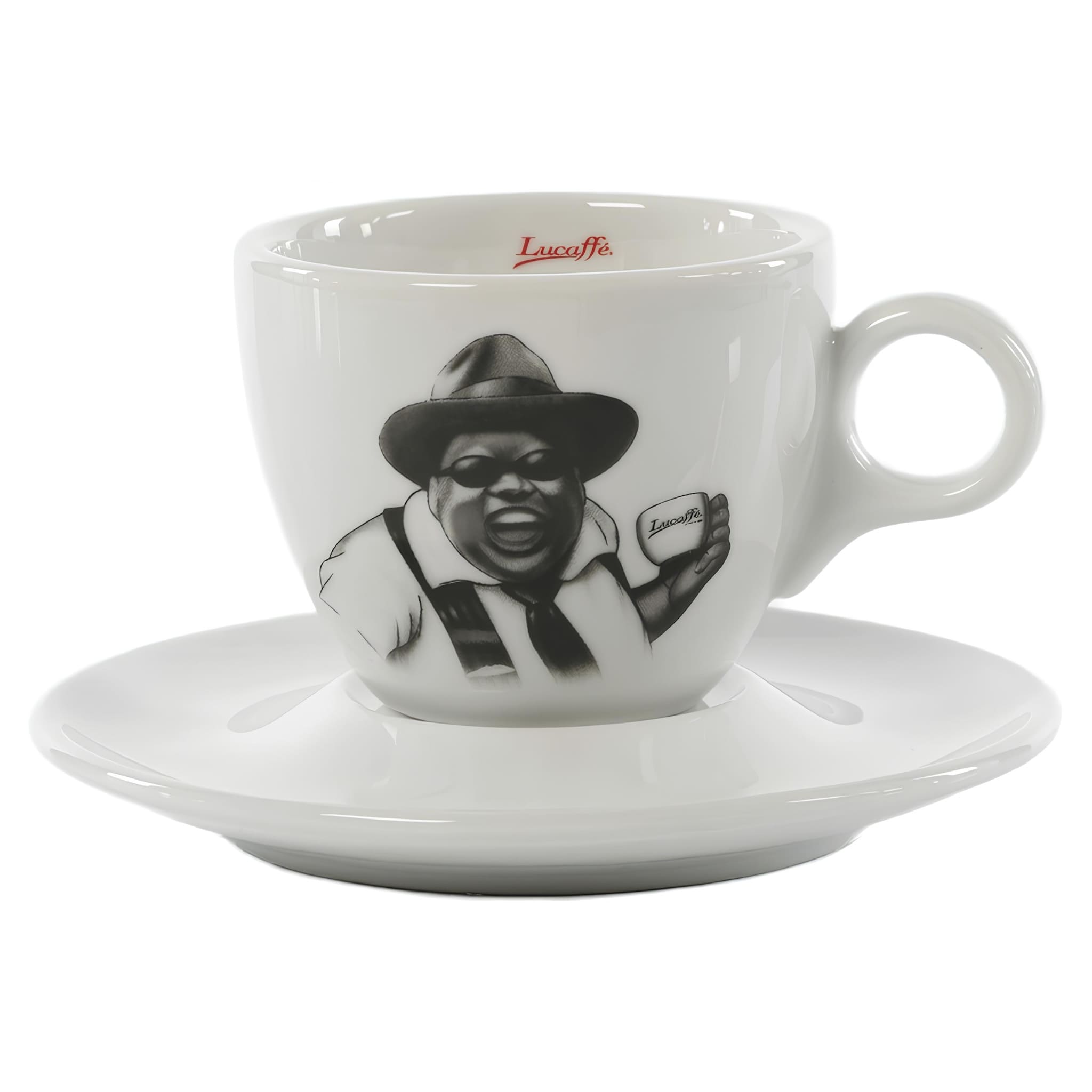 lucaffé arabica cappuccino porcelán kávéscsésze alátéttel fekete motívummal