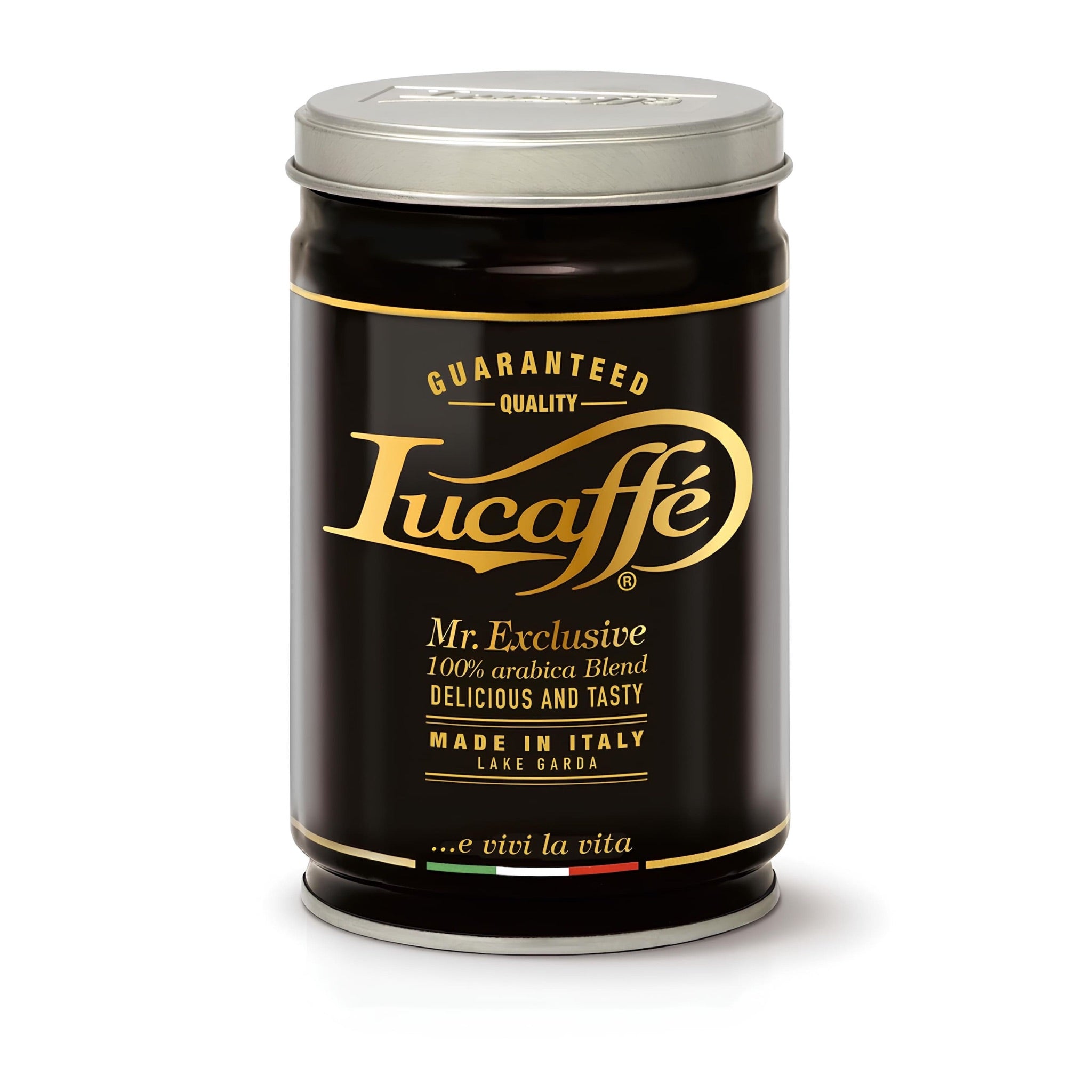 lucaffé mr. exclusive 100% arabica szemes kávé 250 g fémdobozban, olasz prémium keverék