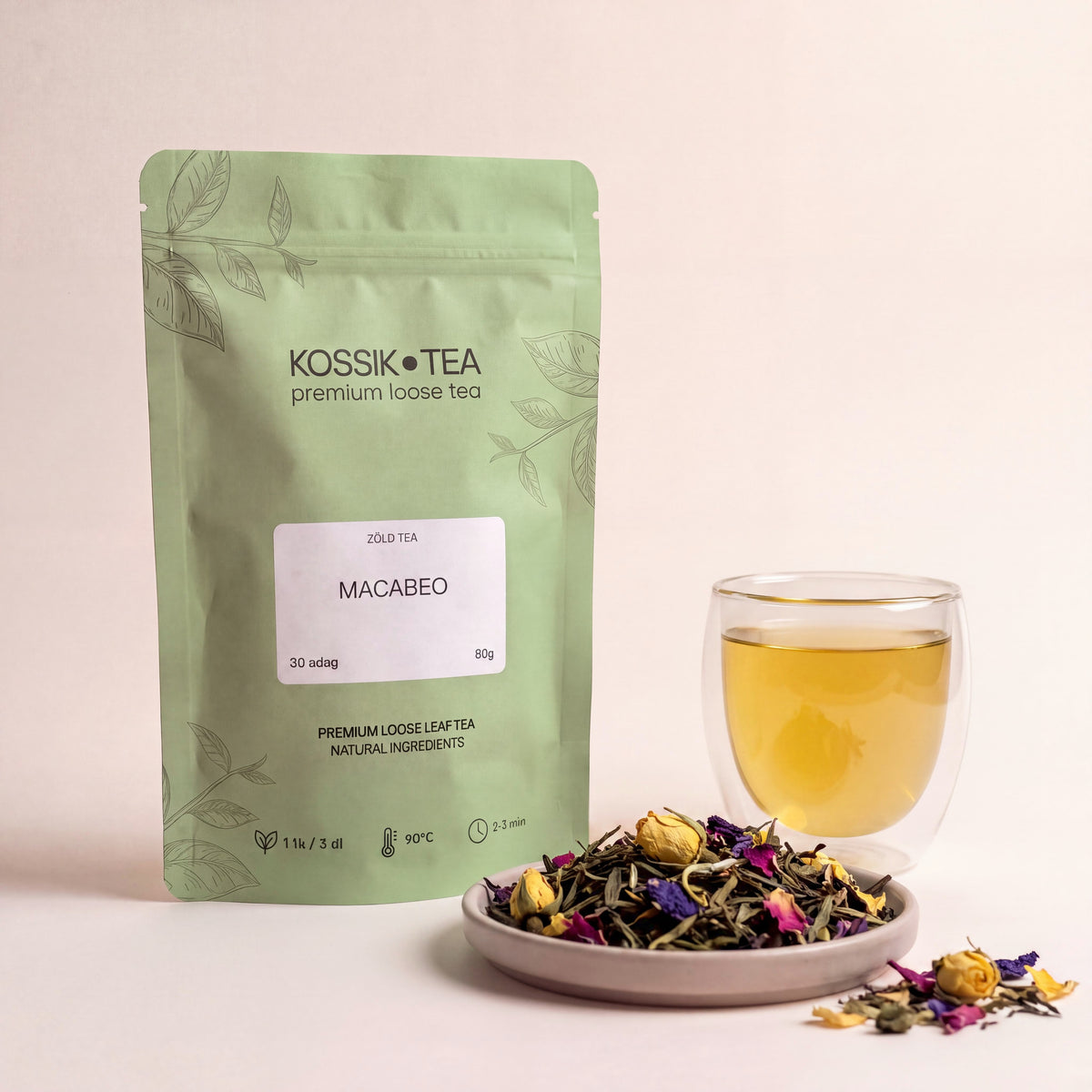 Macabeo zöld-fehér tea csomagolása – Kossik Tea & Coffee