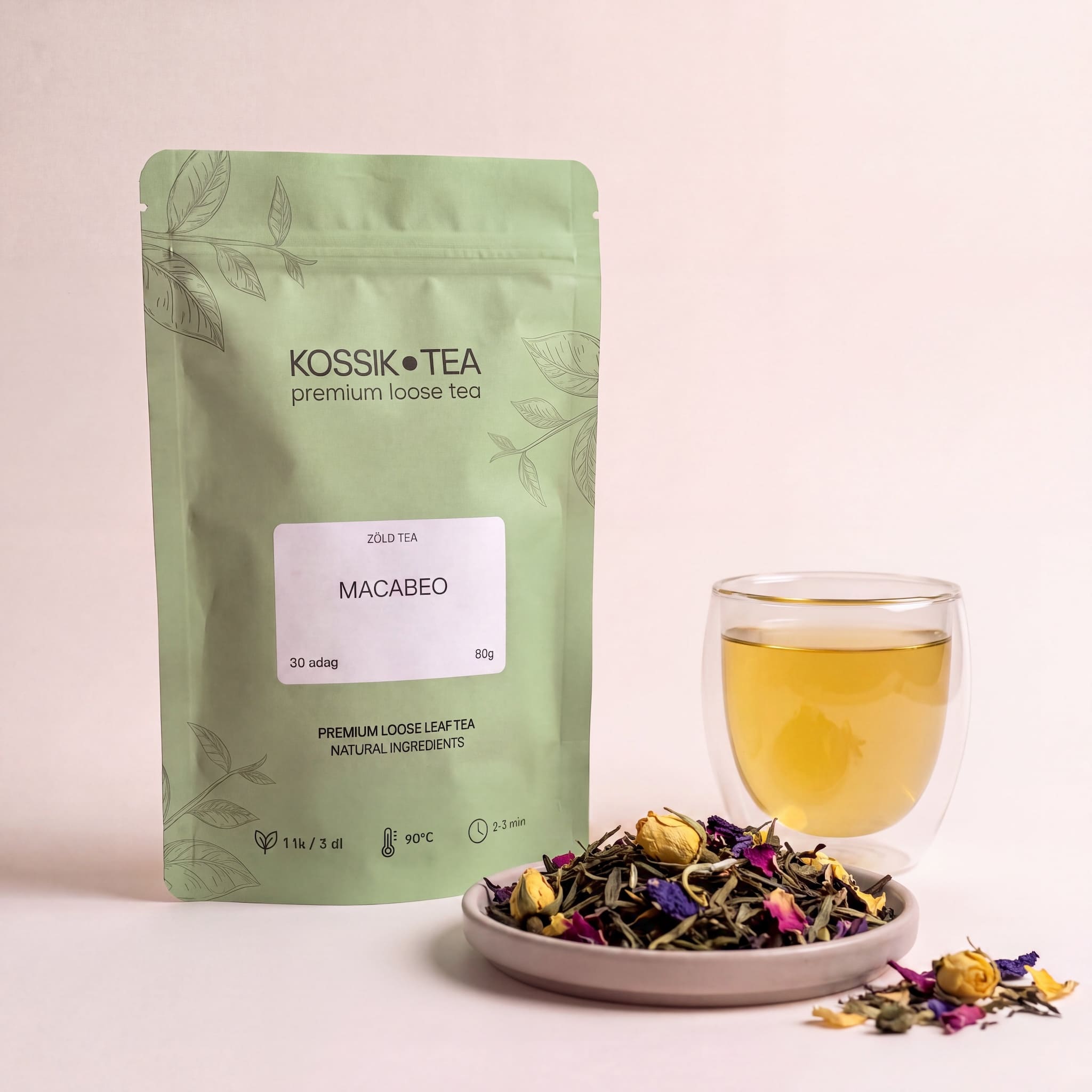 Macabeo zöld-fehér tea csomagolása – Kossik Tea & Coffee