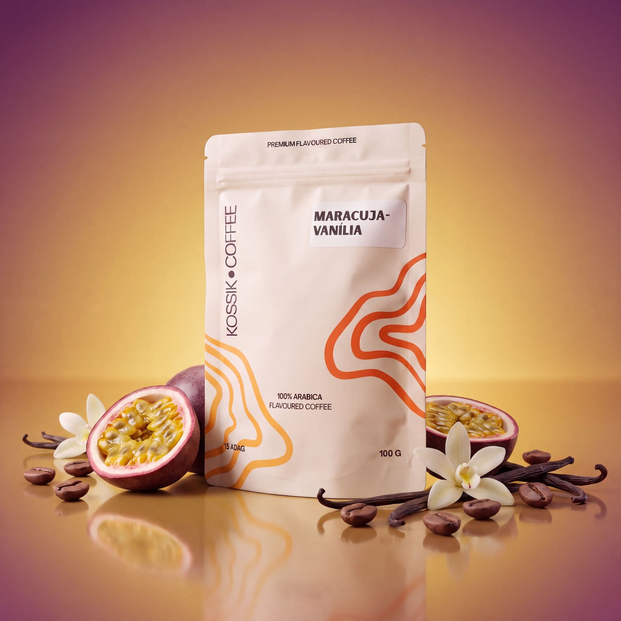 maracuja és vanília ízesítésű 100% arabica kávé, prémium minőségű termék