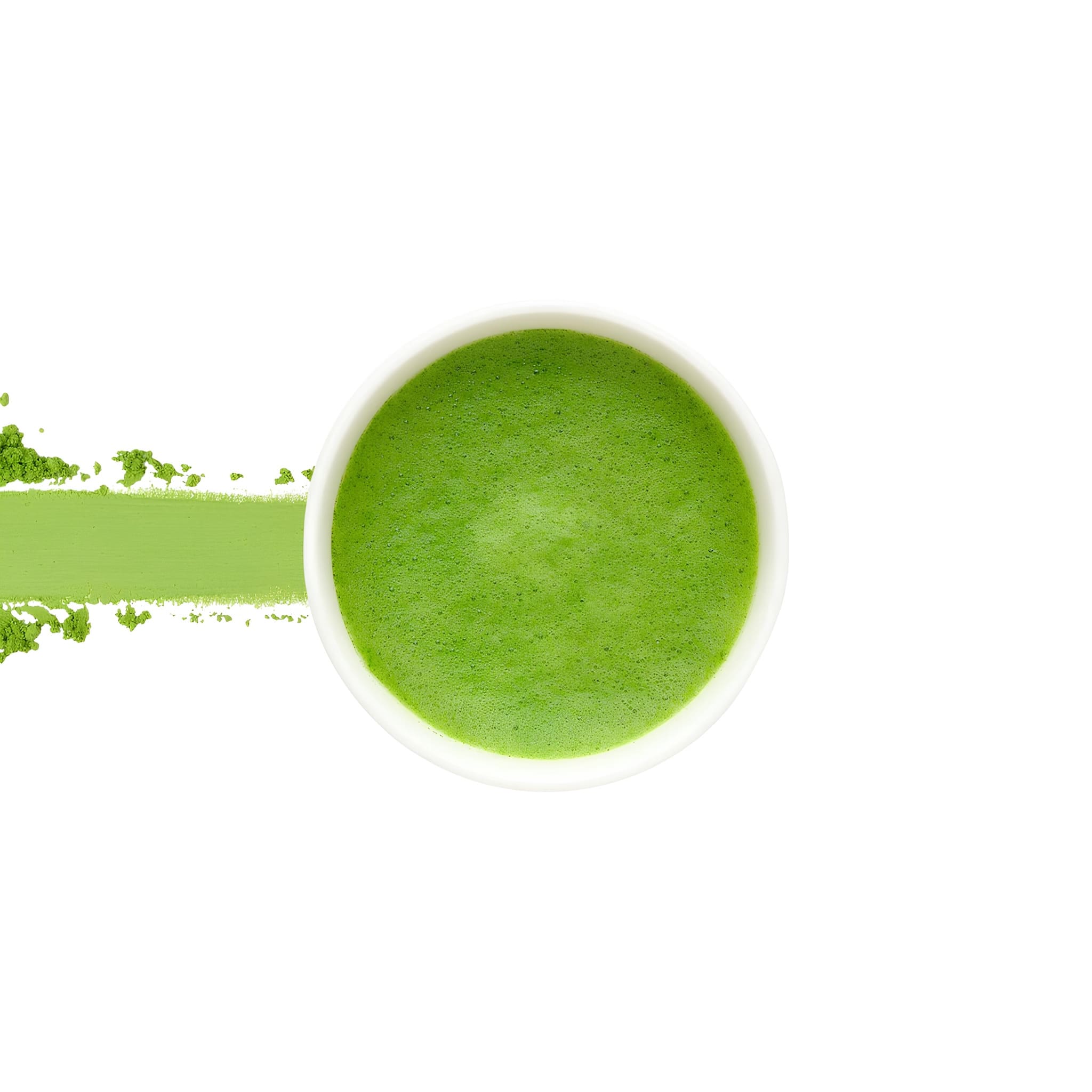 Asamizu Murasaki Matcha elkészítve, krémes habbal, lila dobozban tárolt prémium japán zöld tea