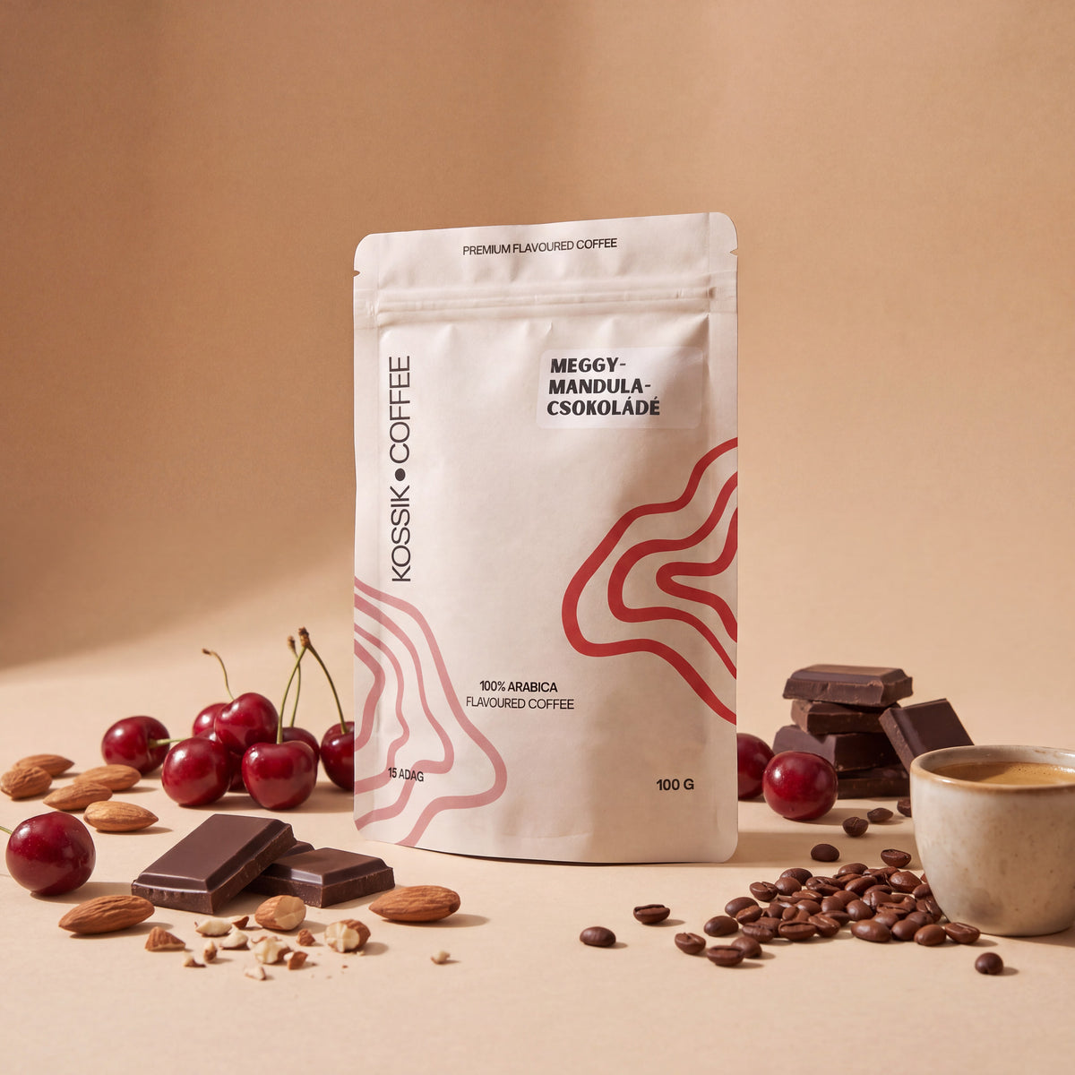 prémium minőségű meggy-mandula-csokoládé ízesítésű arabica kávé