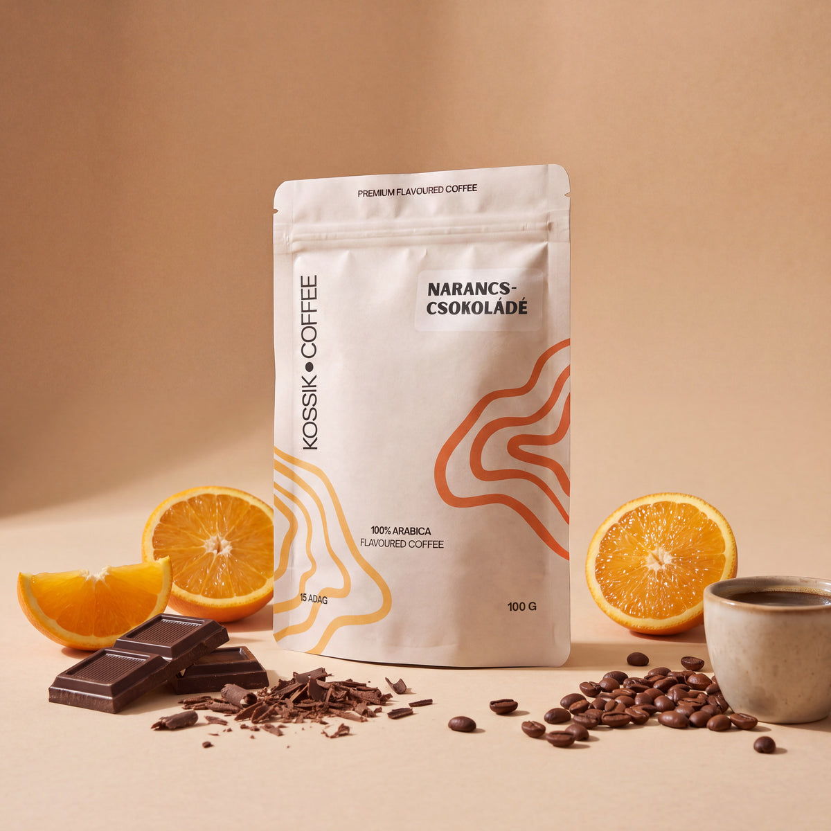 narancs és csokoládé ízekkel gazdagított 100% arabica kávé, prémium minőség