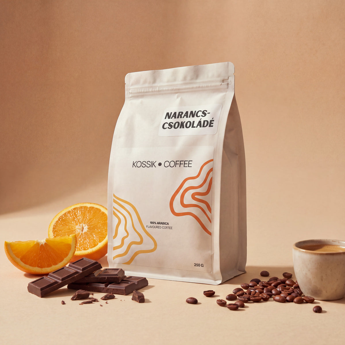 narancs és csokoládé ízekkel gazdagított 100% arabica kávé, prémium minőség