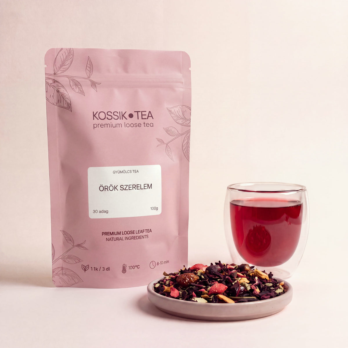 Örök Szerelem gyümölcstea csomagolása – Kossik Tea & Coffee