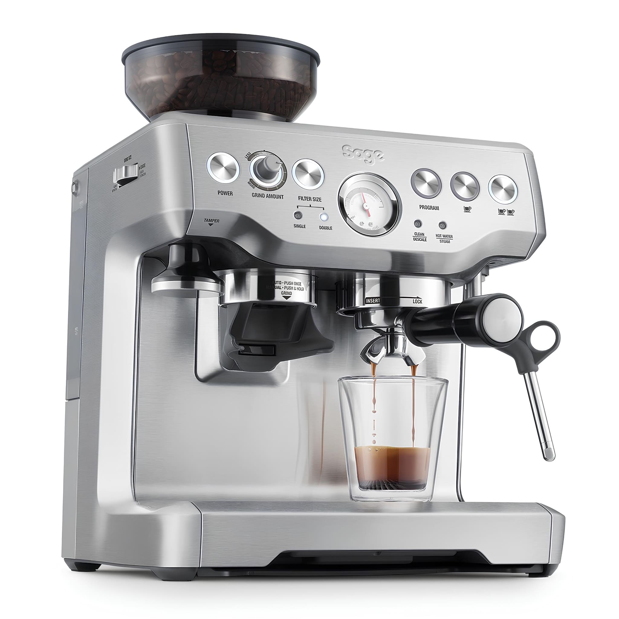 sage barista express kávéfőző működés közben oldalnézetből
