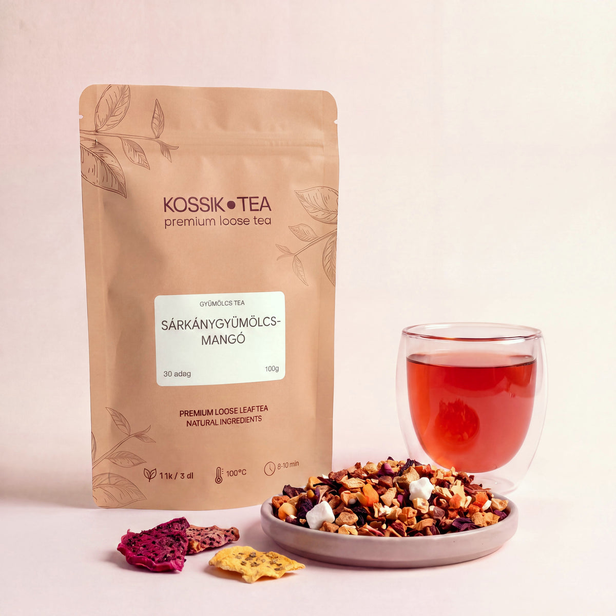 Sárkánygyümölcs-Mangó gyümölcstea csomagolása – Kossik Tea & Coffee