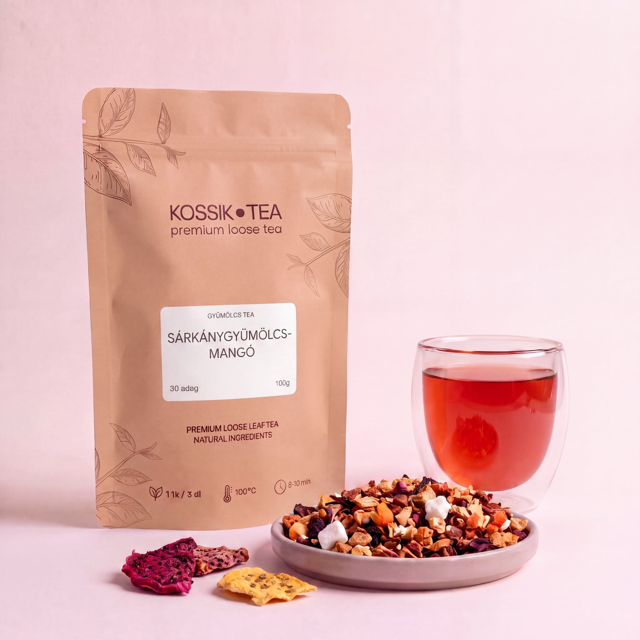 Sárkánygyümölcs-Mangó gyümölcstea csomagolása – Kossik Tea & Coffee