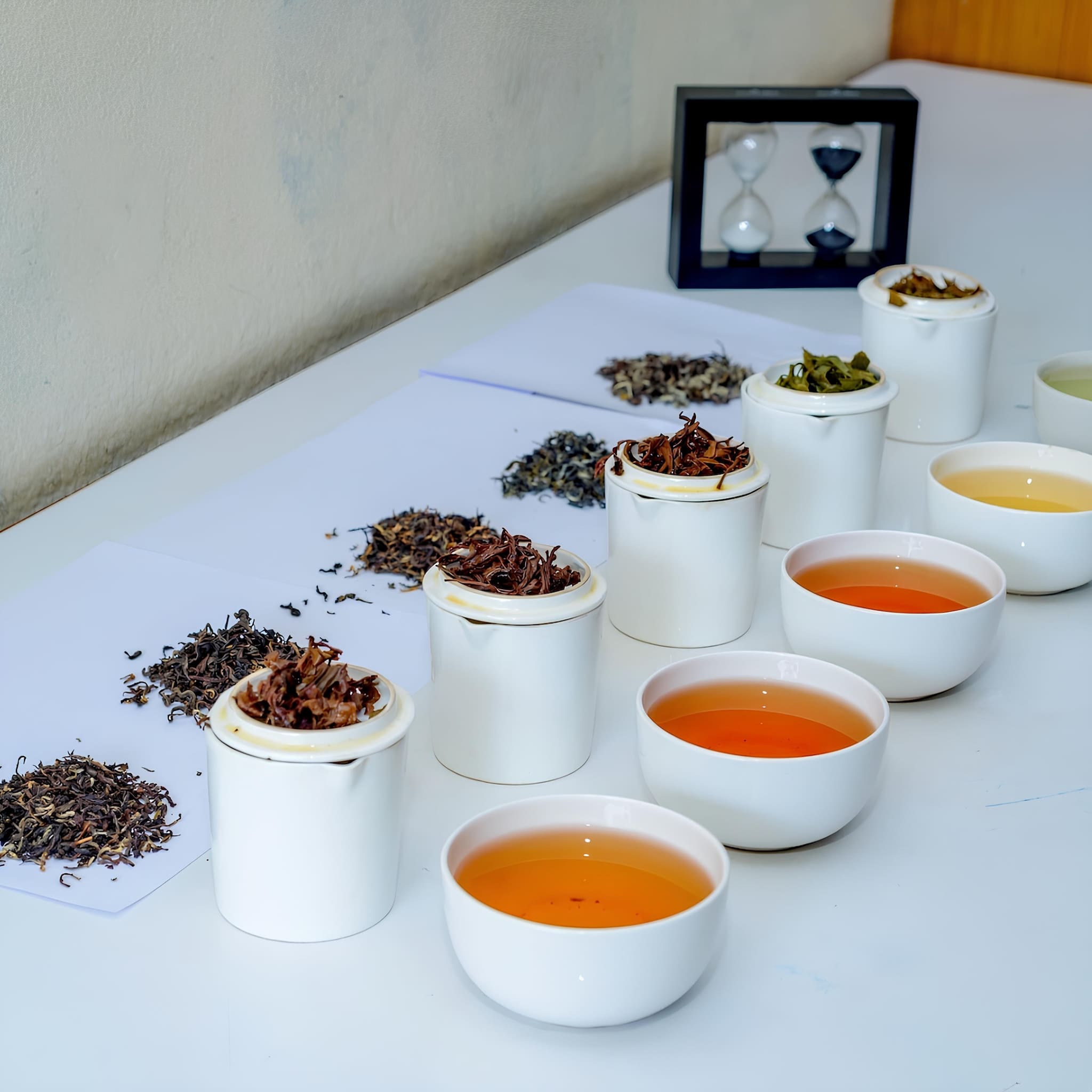 Tea Taster próbakészlet – a lezárt csésze döntve, a tea a tálkába folyik a bordázott peremen