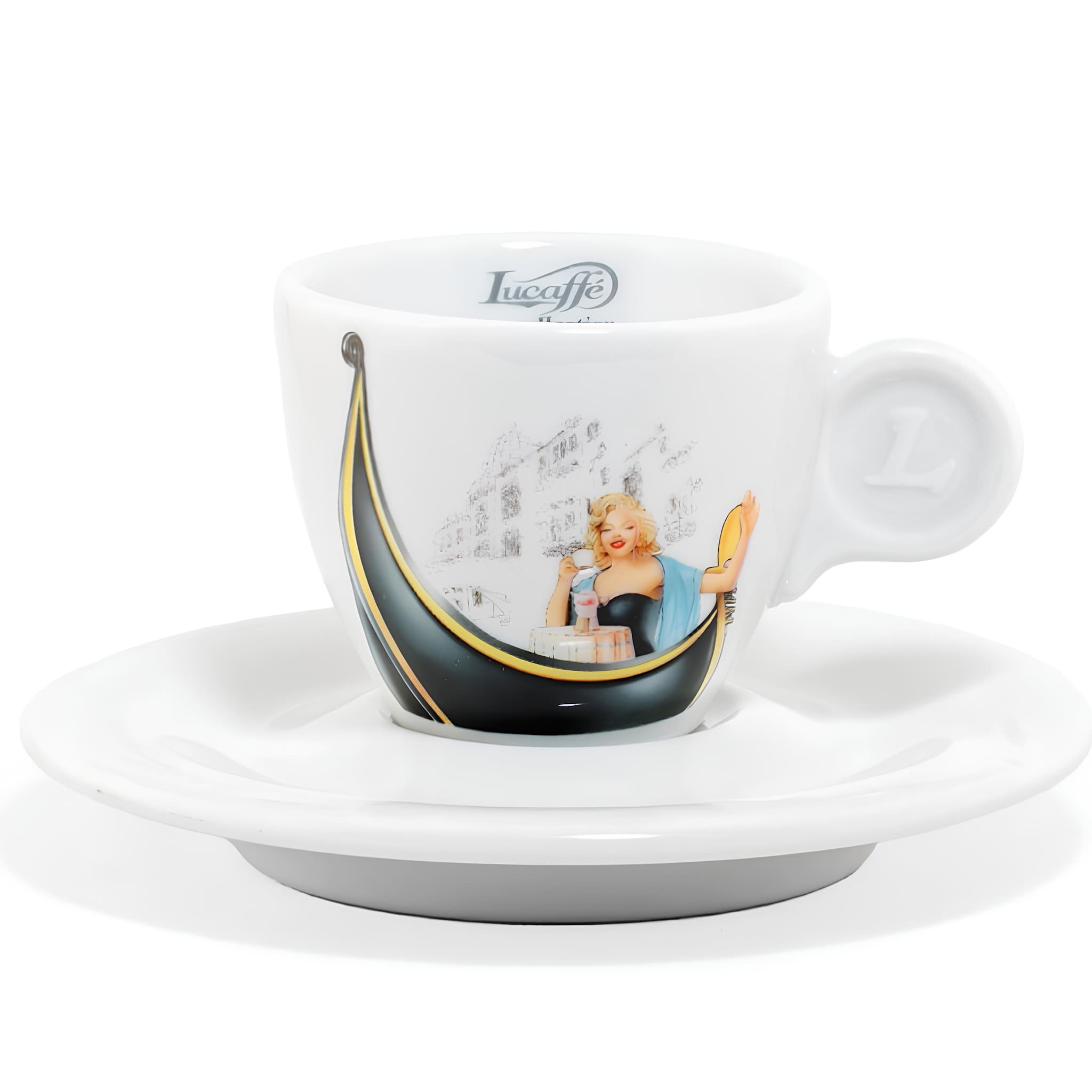 lucaffé exquisit espresso porcelán kávéscsésze alátéttel elegáns dombornyomott logóval