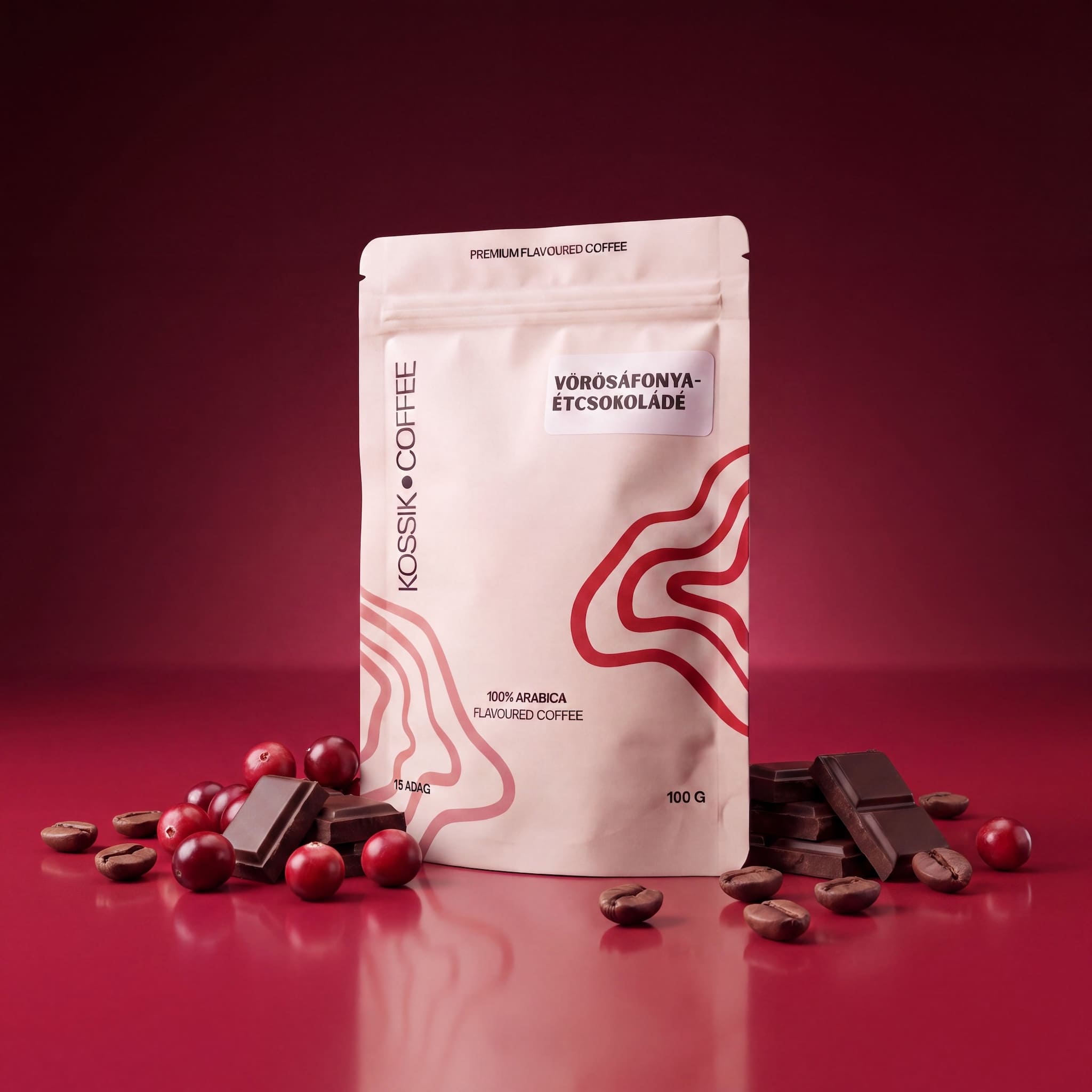 tőzegáfonya és étcsokoládé ízekkel gazdagított 100% arabica kávé, prémium minőség