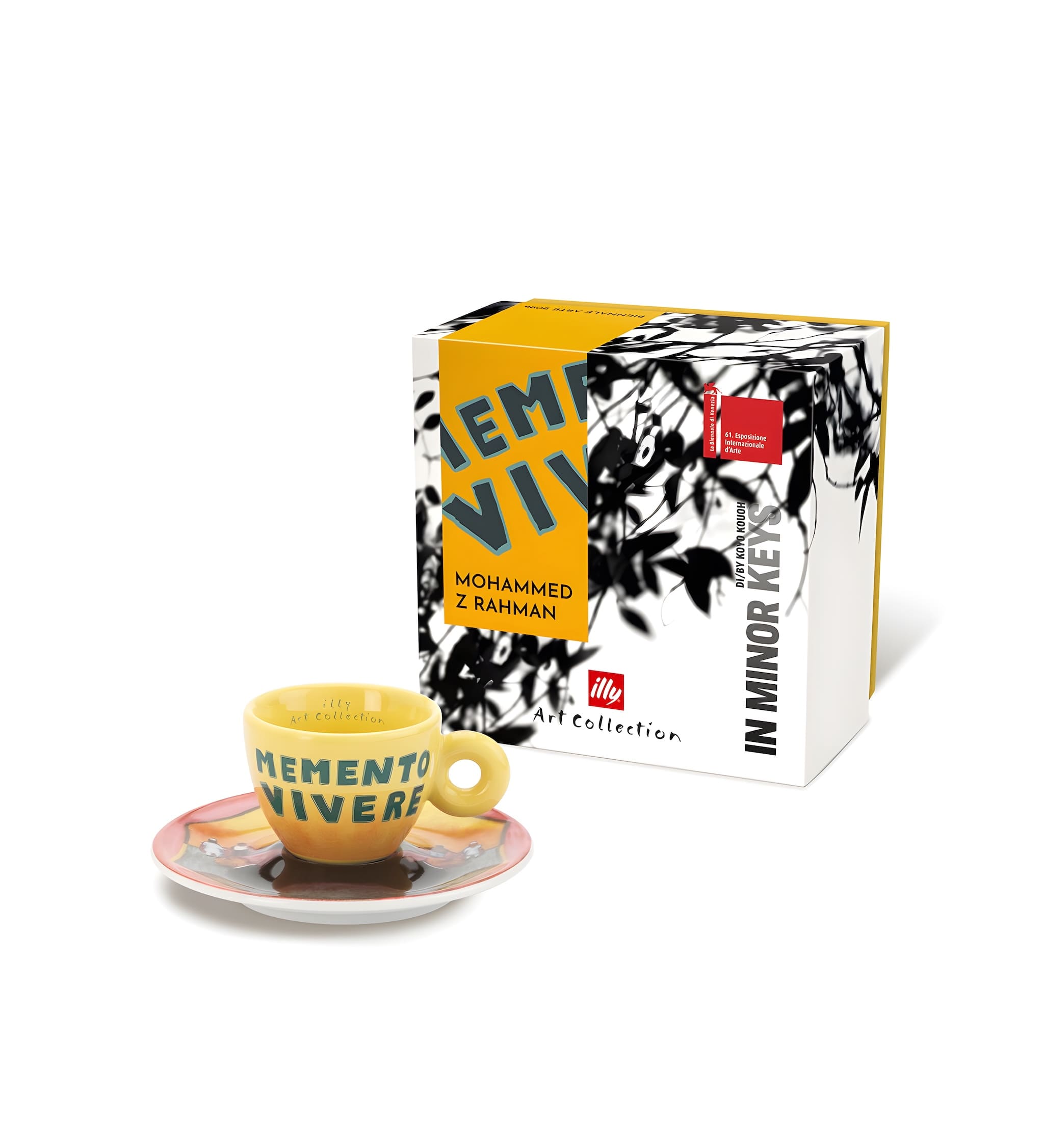 Illy Art Biennale Espresso kávéscsésze Rahman sárga Memento Vivere minta alátéttel
