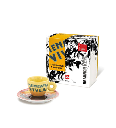 Illy Art Biennale Espresso kávéscsésze Rahman sárga Memento Vivere minta alátéttel