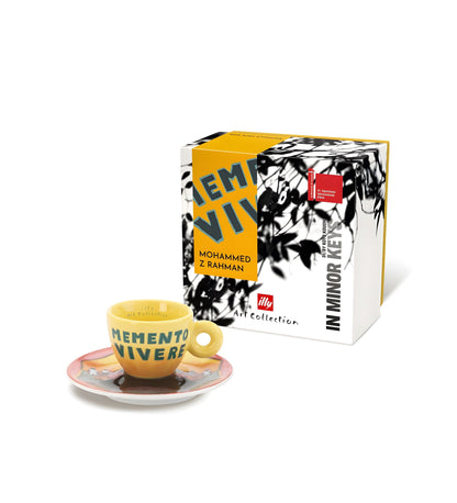 Illy Art Biennale Espresso kávéscsésze Rahman sárga Memento Vivere minta alátéttel