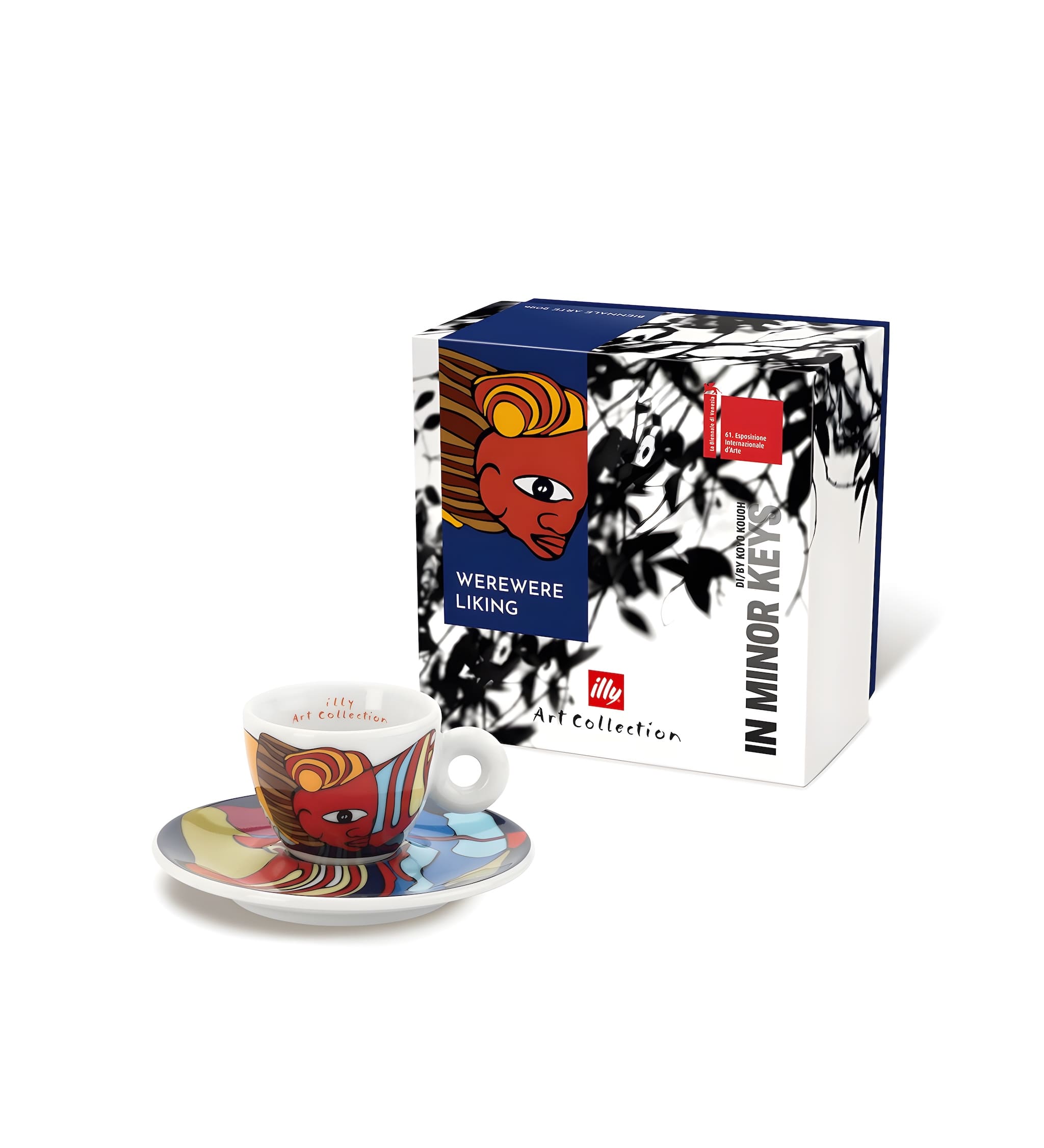 Illy Art Biennale Espresso kávéscsésze Werewere piros kék szimbolikus minta alátéttel