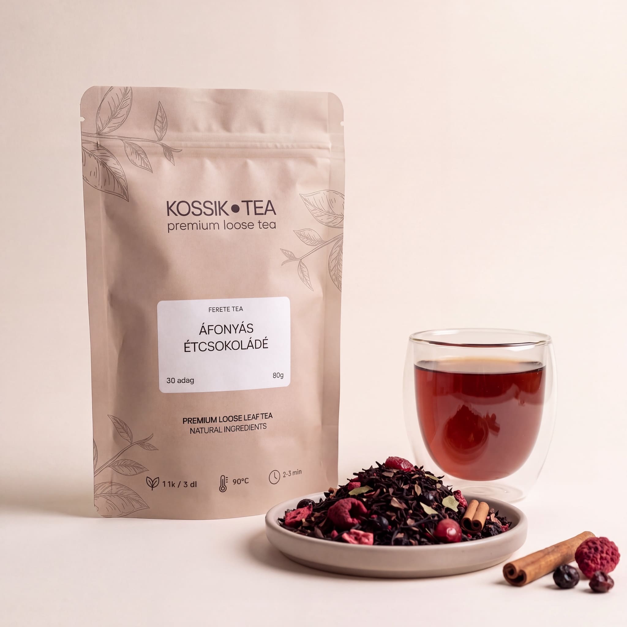 Áfonyás Étcsokoládé fekete tea csomagolása – Kossik Tea & Coffee