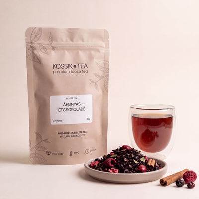 Áfonyás Étcsokoládé fekete tea csomagolása – Kossik Tea & Coffee
