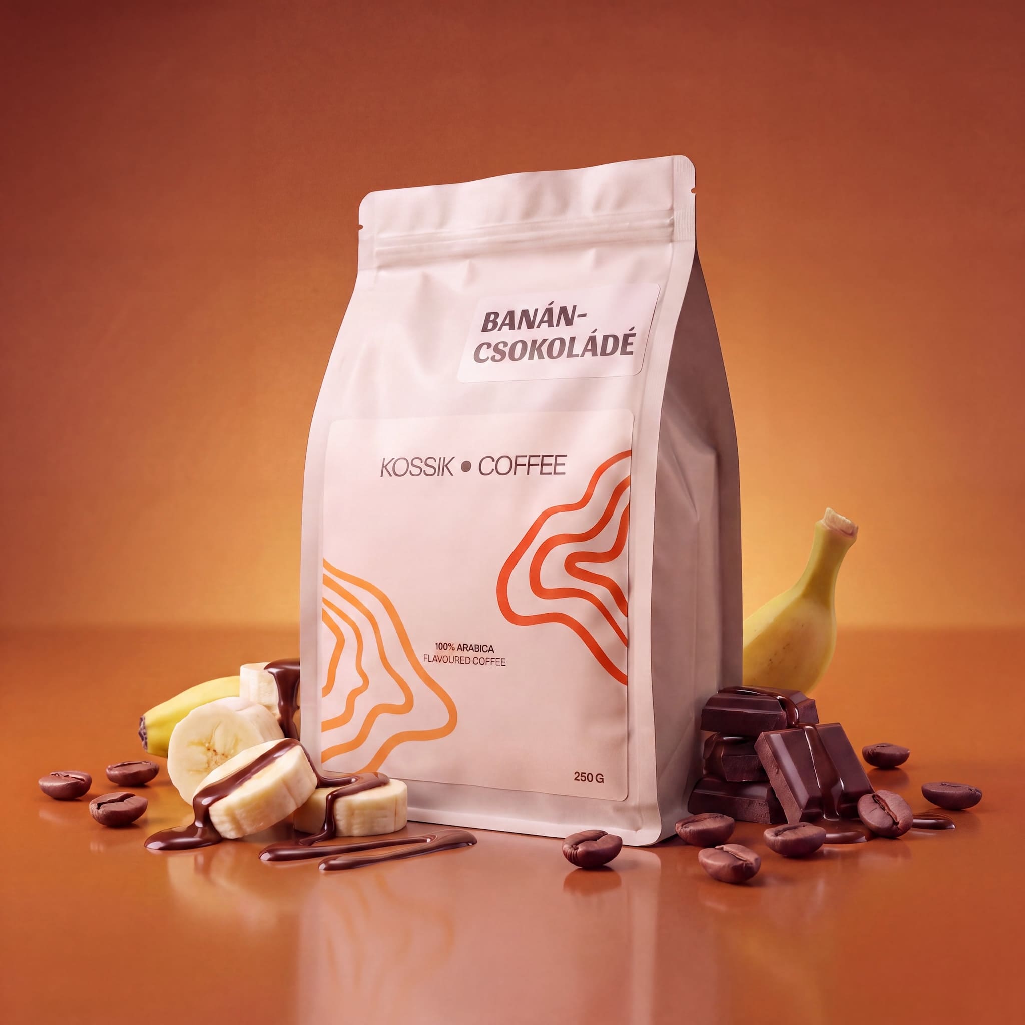 banán és csokoládé ízesítésű 100% arabica kávé, prémium minőségű termék
