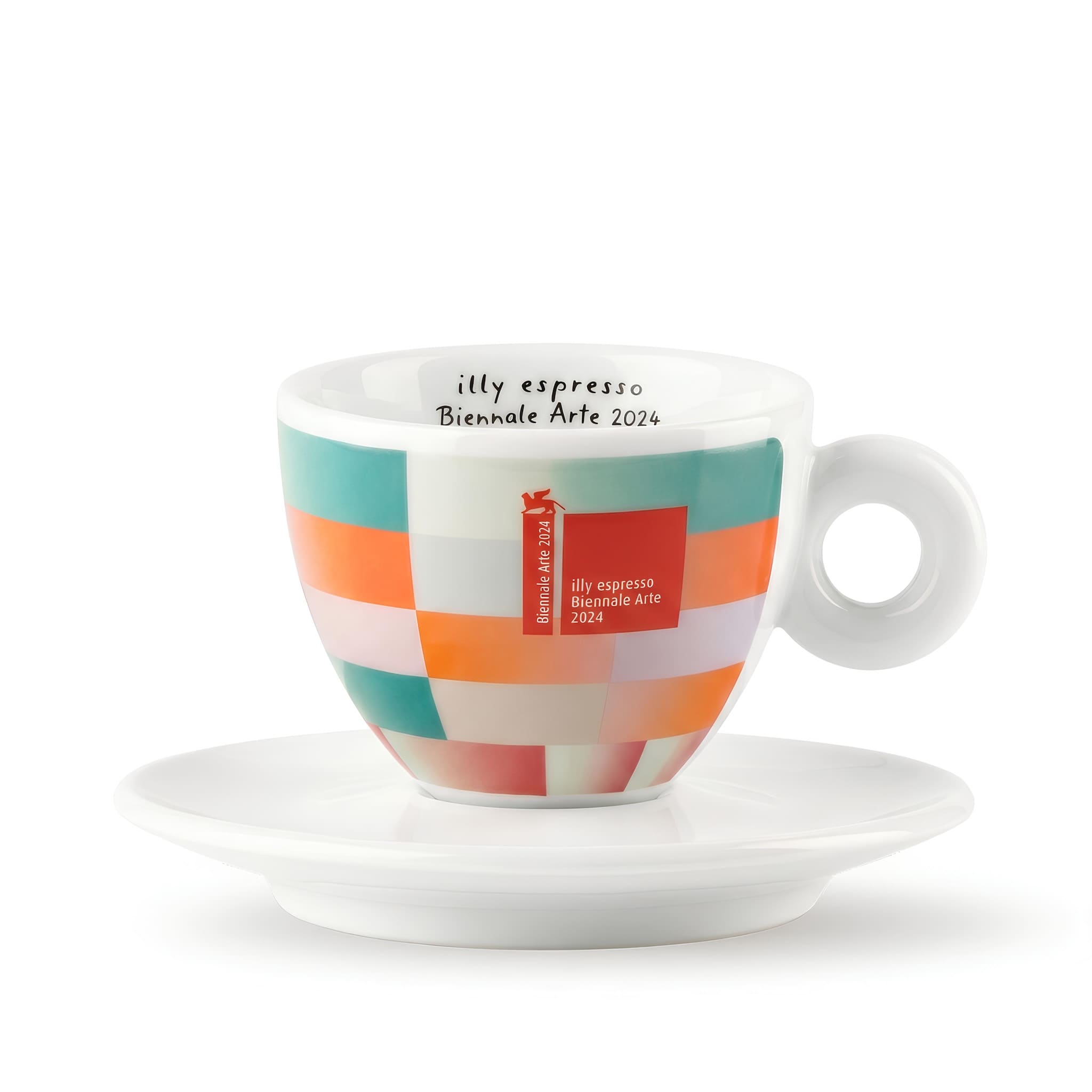 illy biennale arte 2024 cappuccino kávéscsésze narancs teal geometriai minta alátéttel