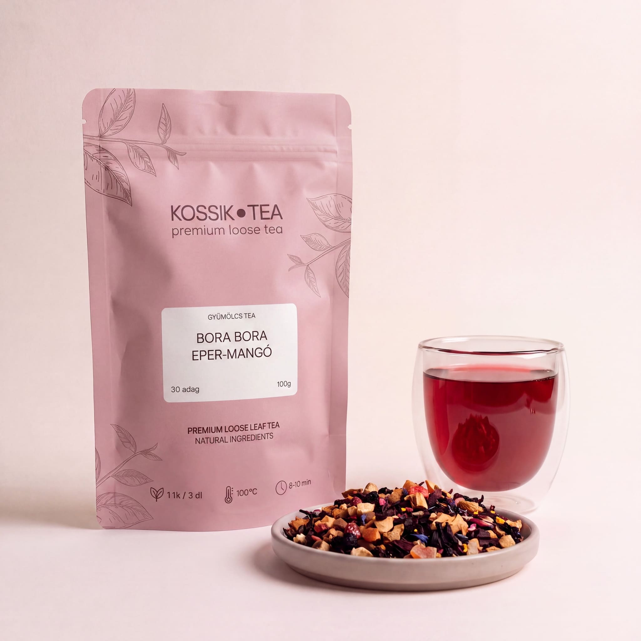 Bora Bora Eper-Mangó gyümölcstea csomagolása – Kossik Tea & Coffee