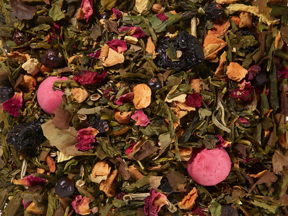 cherry-gin tonic ízesítésű zöld szálas tea, frissítő és különleges, prémium minőség, elérhető 100g és 250g kiszerelésben