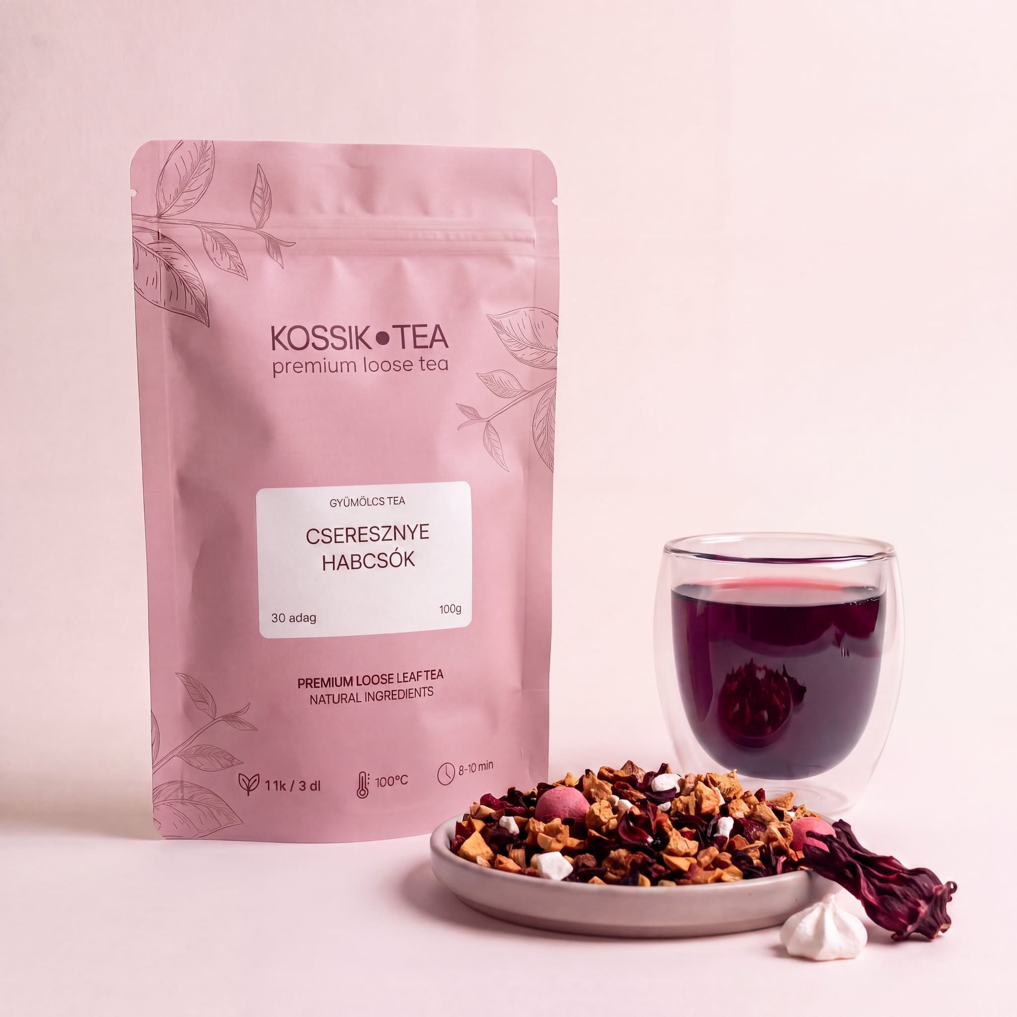 Cseresznye Habcsók gyümölcstea csomagolása – Kossik Tea & Coffee