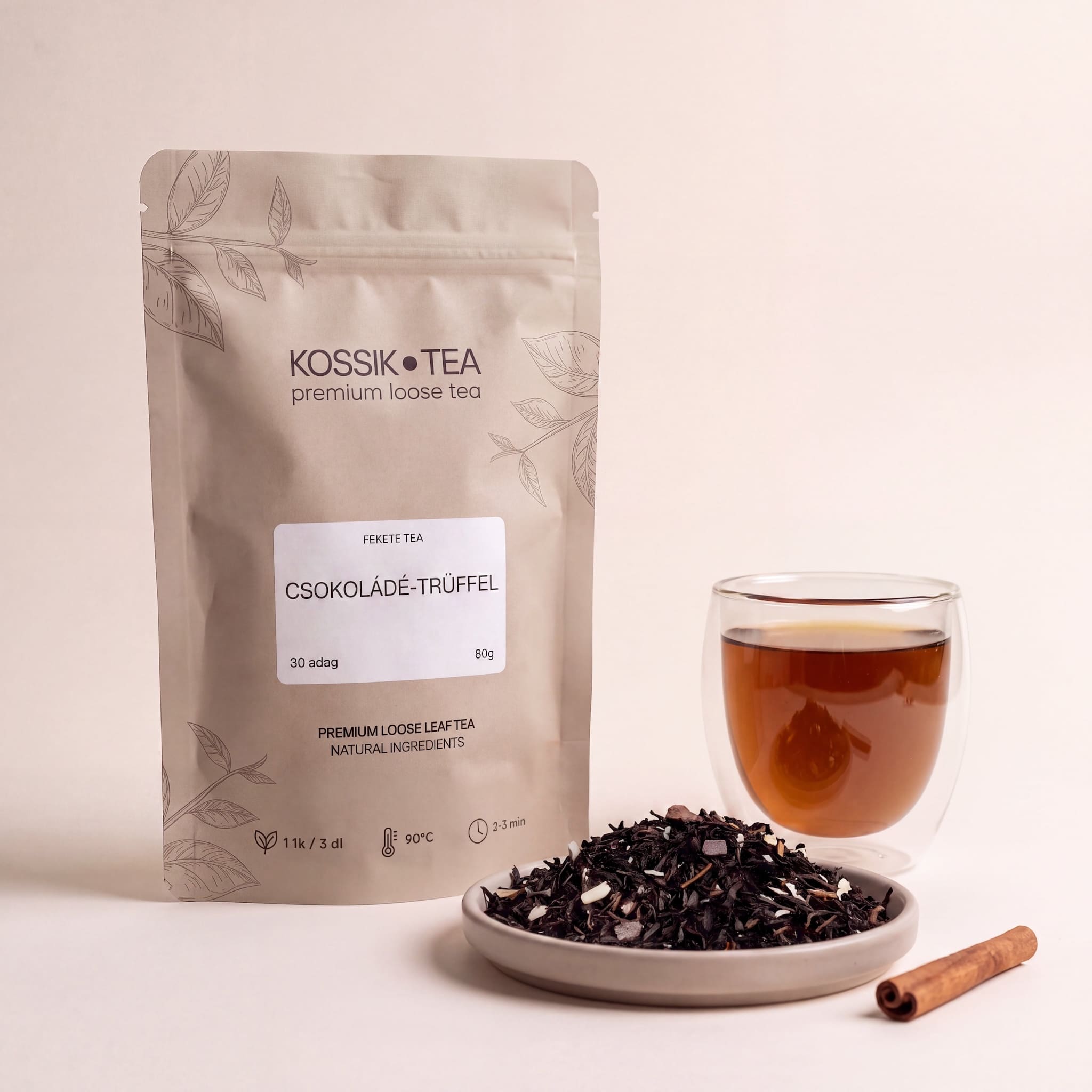 Csokoládé-Trüffel fekete tea csomagolása – Kossik Tea & Coffee