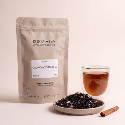 Csokoládé-Trüffel fekete tea csomagolása – Kossik Tea & Coffee