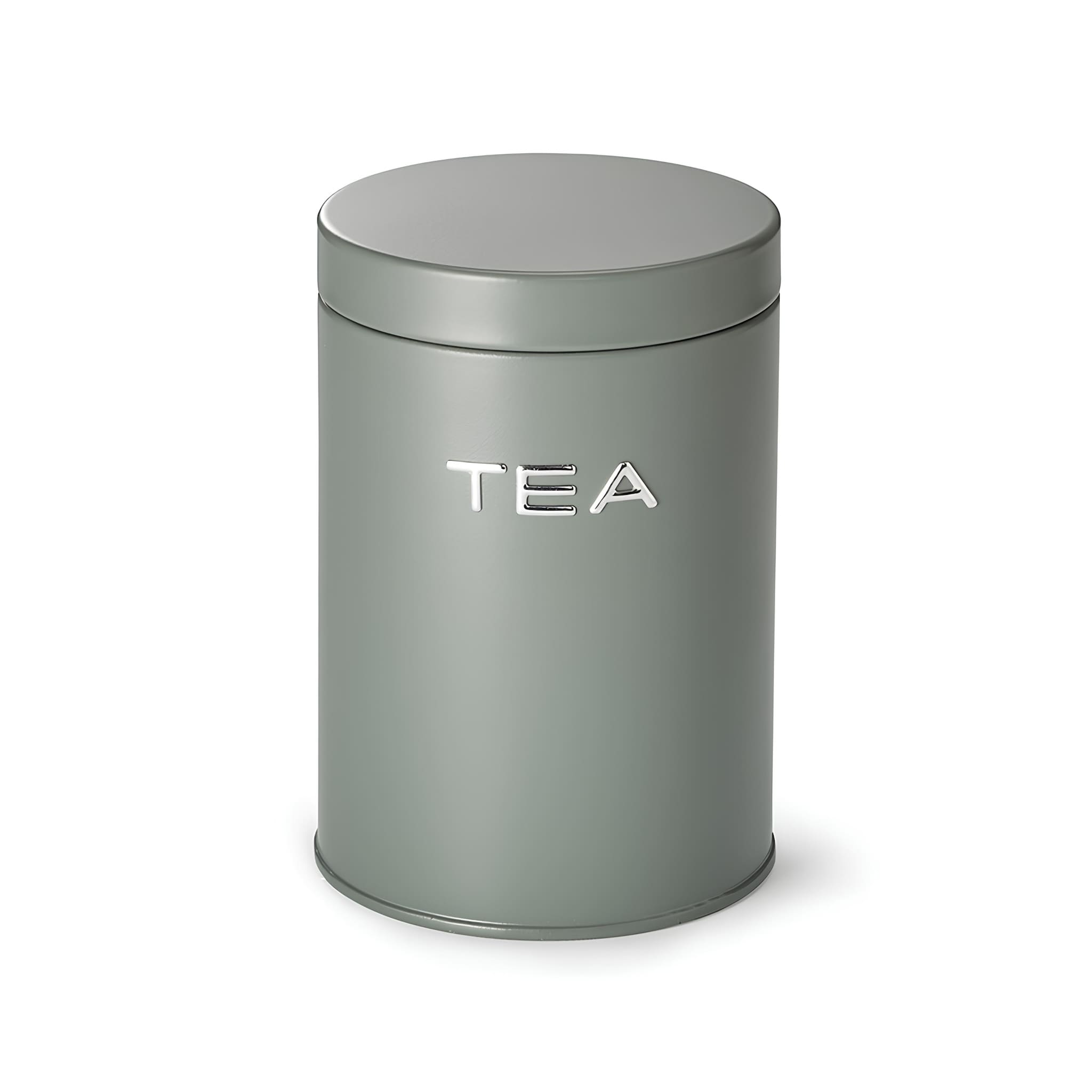 1950-es éveket idéző petrolzöld fém teásdoboz 320 gramm szálas tea tárolására, dombornyomott ezüst „Tea” felirattal.