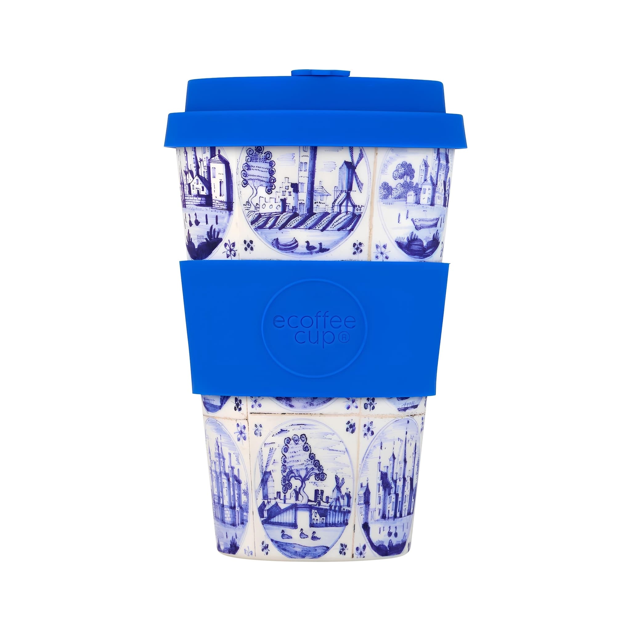 fenntartható ecoffee cup delfts blu mintás kávés pohár 400 ml tetővel, újrahasználható kulacs