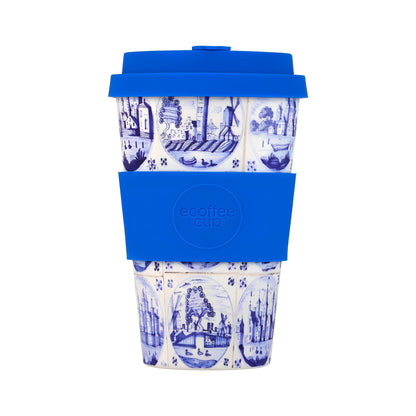 fenntartható ecoffee cup delfts blu mintás kávés pohár 400 ml tetővel, újrahasználható kulacs