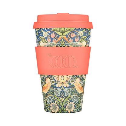 ecoffee cup william morris strawberry thief fenntartható kávés pohár 400 ml tetővel, újrahasználható kulacs művészi kollekció