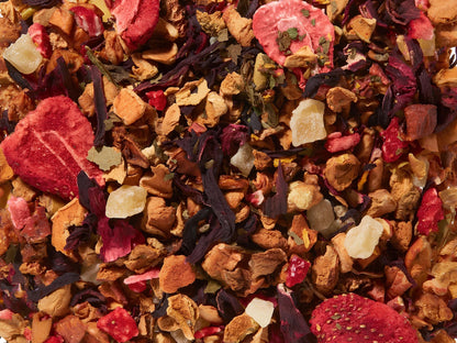 eper-maracuja koffeinmentes gyümölcs szálas tea, trópusi frissesség, prémium minőség, elérhető 100g és 250g kiszerelésben