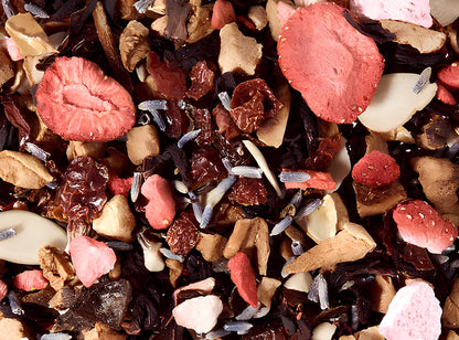 eper-levendula macaron koffeinmentes gyümölcs szálas tea, édes, virágos ízvilág, prémium minőség, 100g és 250g kiszerelésben